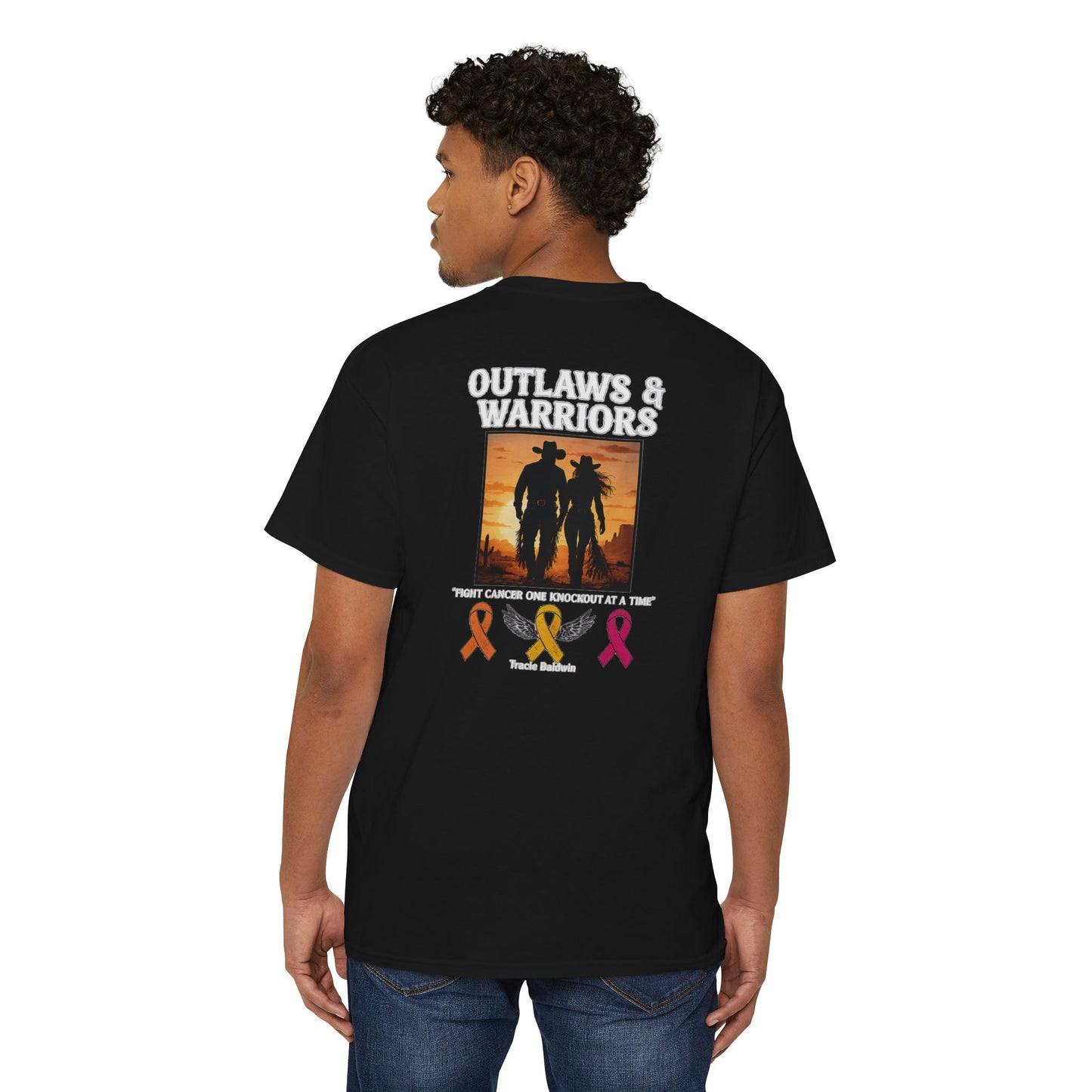 Outlaws & Warriors 100% Cotton Pocket T-Shirt — Minimal Pocket Logo with Graphic On Back
