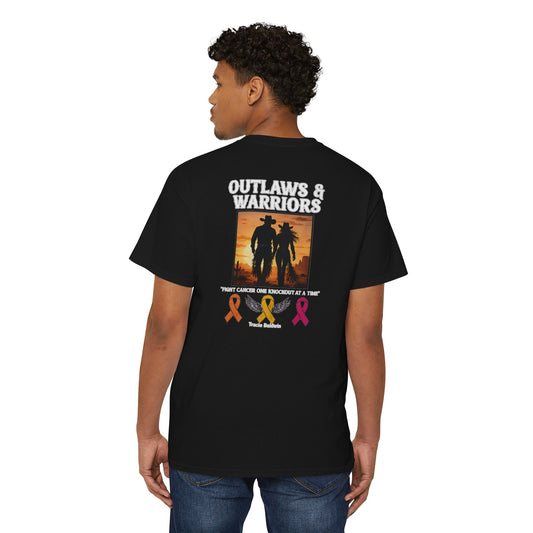 Outlaws & Warriors 100% Cotton Pocket T-Shirt — Minimal Pocket Logo with Graphic On Back
