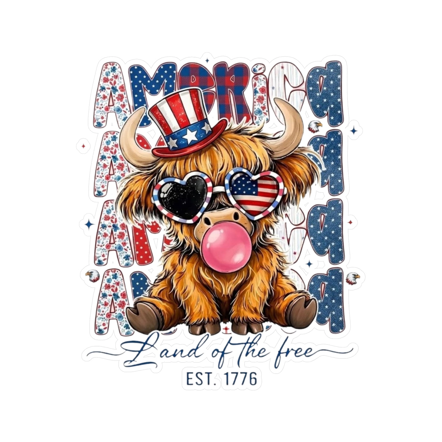 #250 American Flag Bubblegum Patriotic Highland Cow Vinyl Sticker Kiss-Cut Decal (Fourth of July)