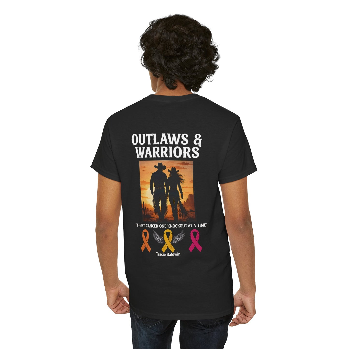 Outlaws & Warriors 100% Cotton T-Shirt — Minimal Chest Logo with Graphic On Back