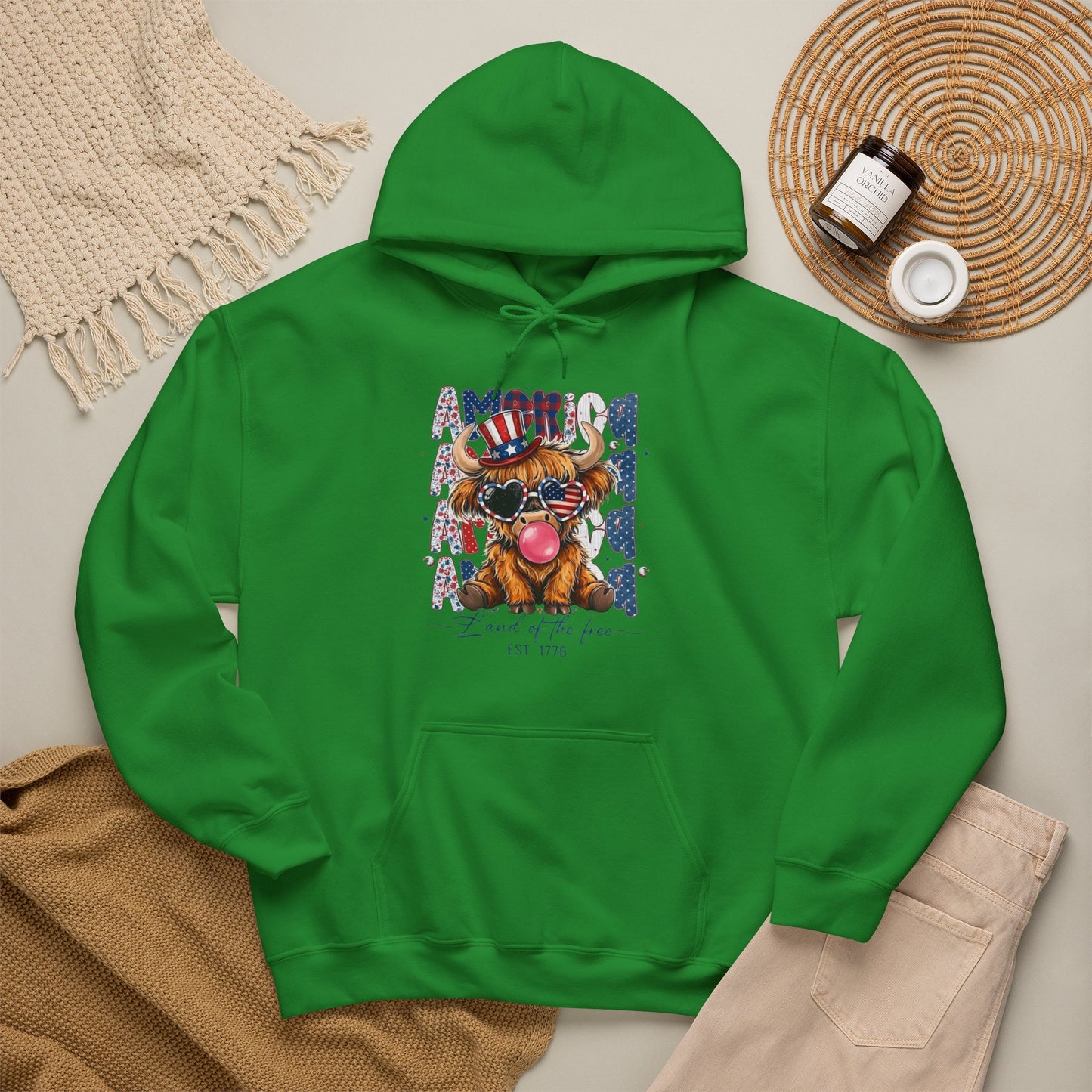 #250 American Flag Bubblegum Patriotic Highland Cow Hoodie