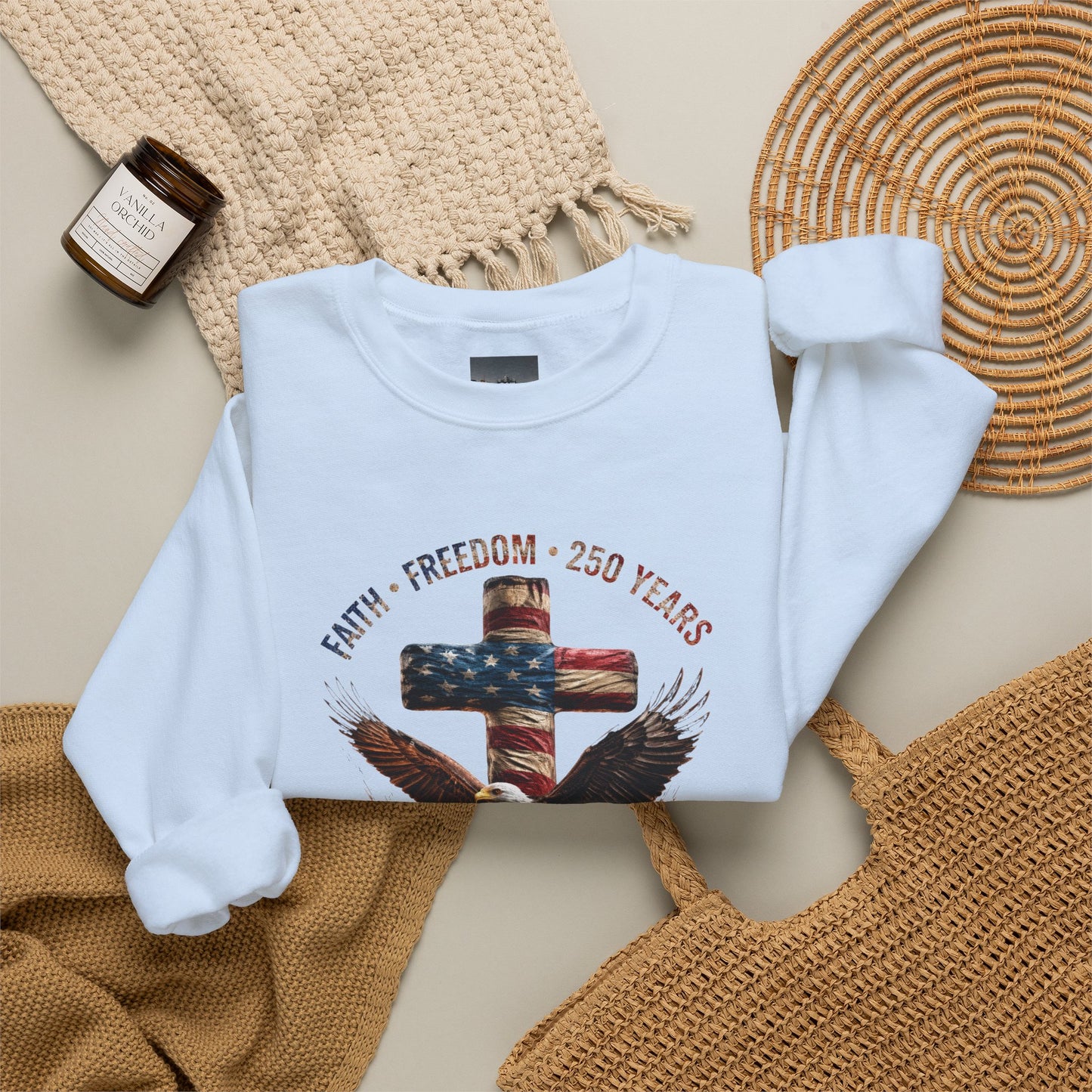 #250 Faith • Freedom 250 Years American Flag Cross & Eagle 1776-2026 Crewneck Sweatshirt