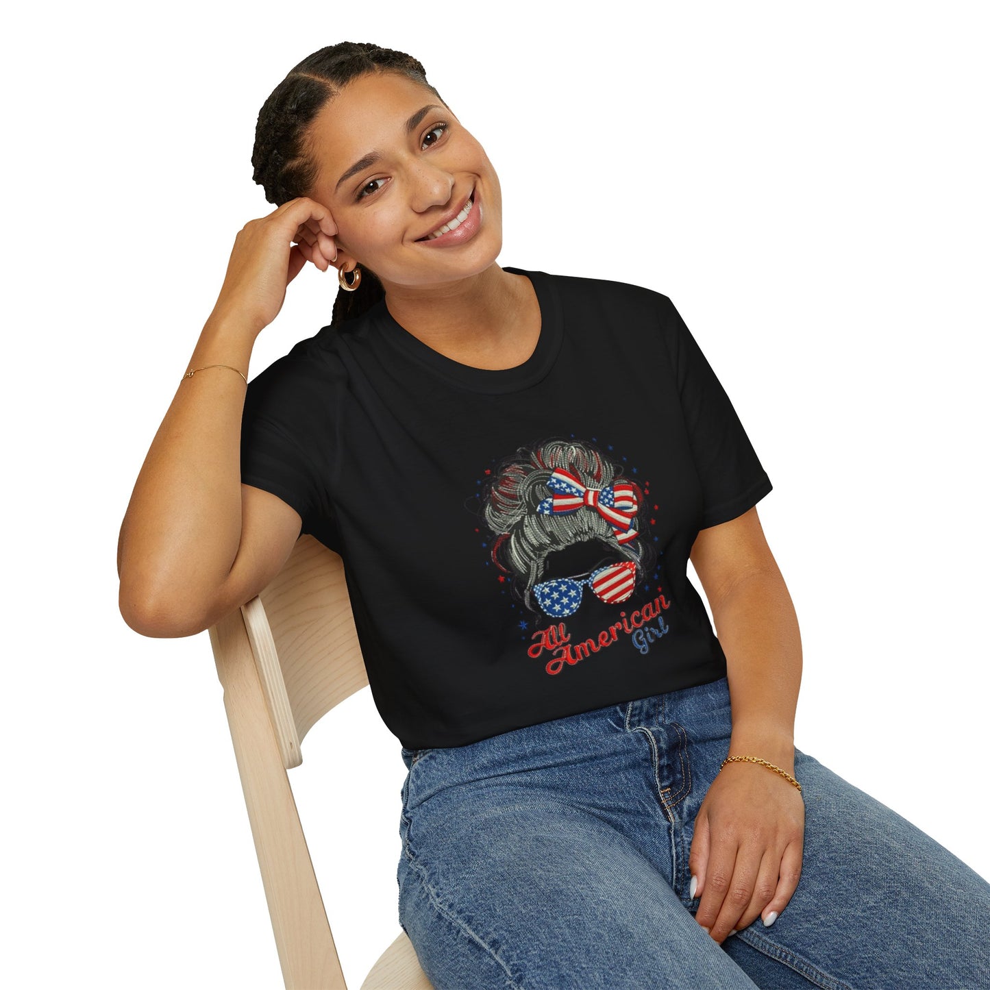 #250 "All American Girl" Patriotic Messy Bun T-Shirt