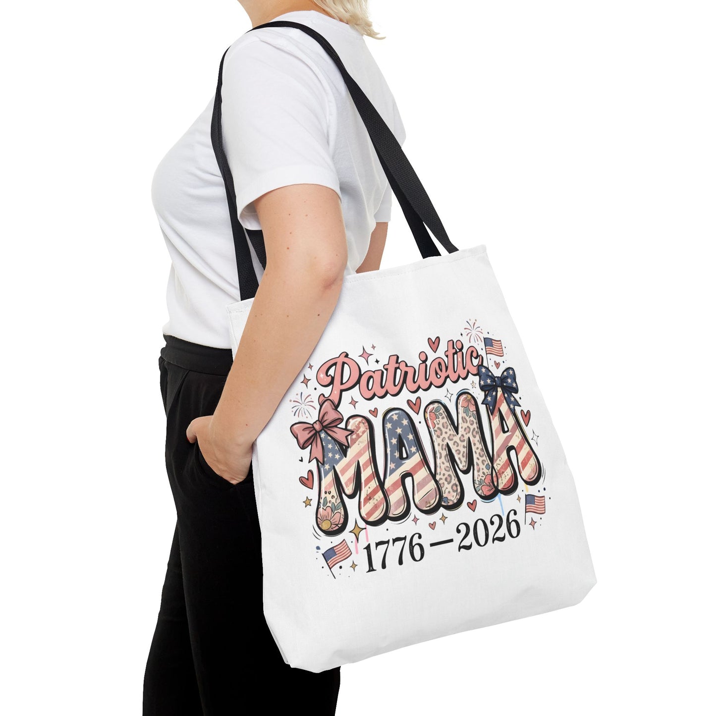 #250 Patriotic Mama 1776–2026 American Flag Tote Bag