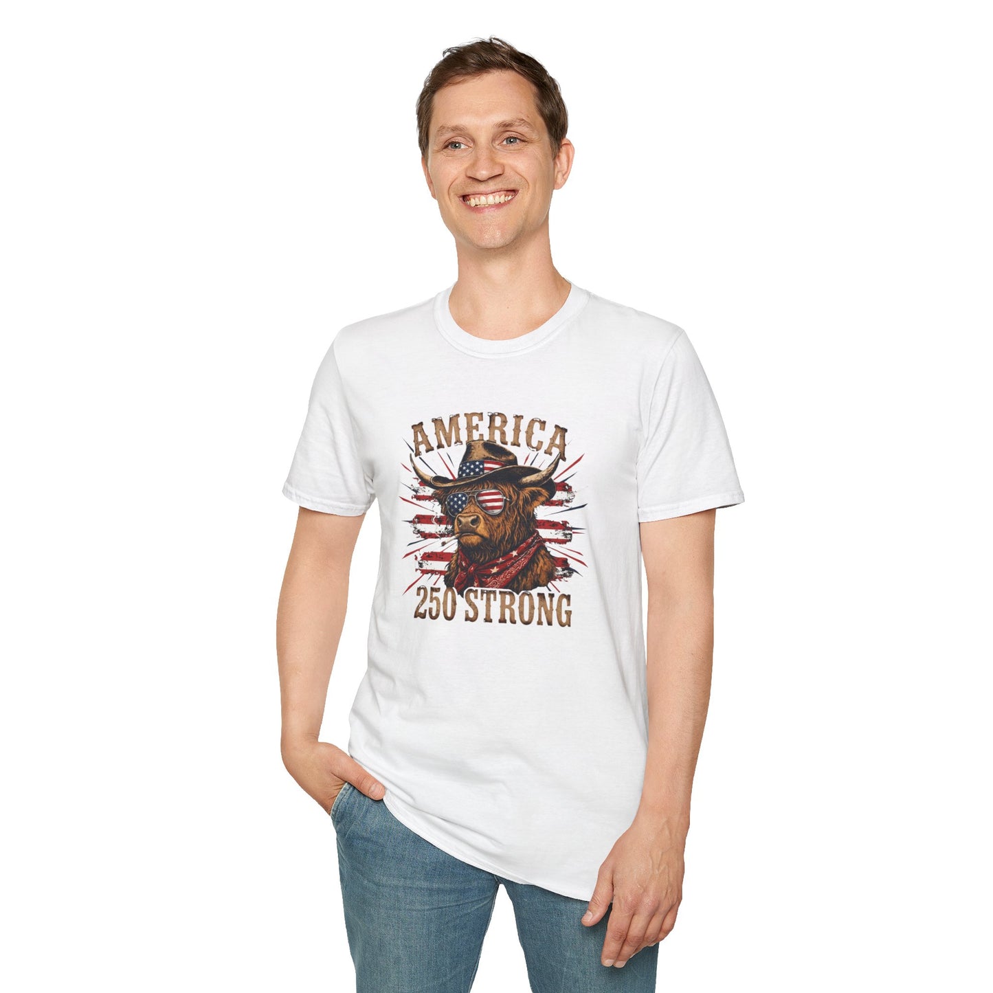 #250 America 250 Strong Patriotic Bull with American Flag T-Shirt