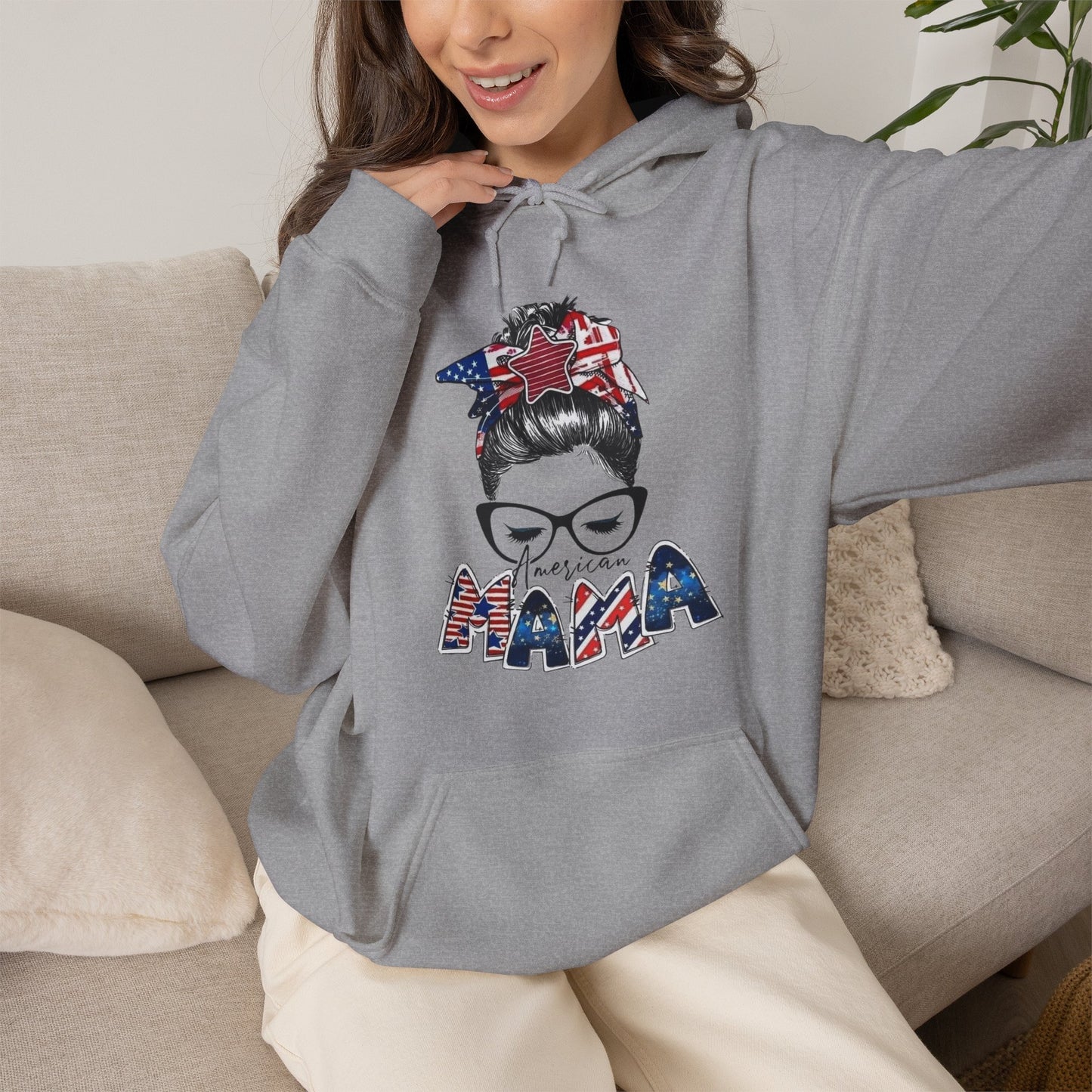 #250 Mama USA Flag Messy Bun Hoodie