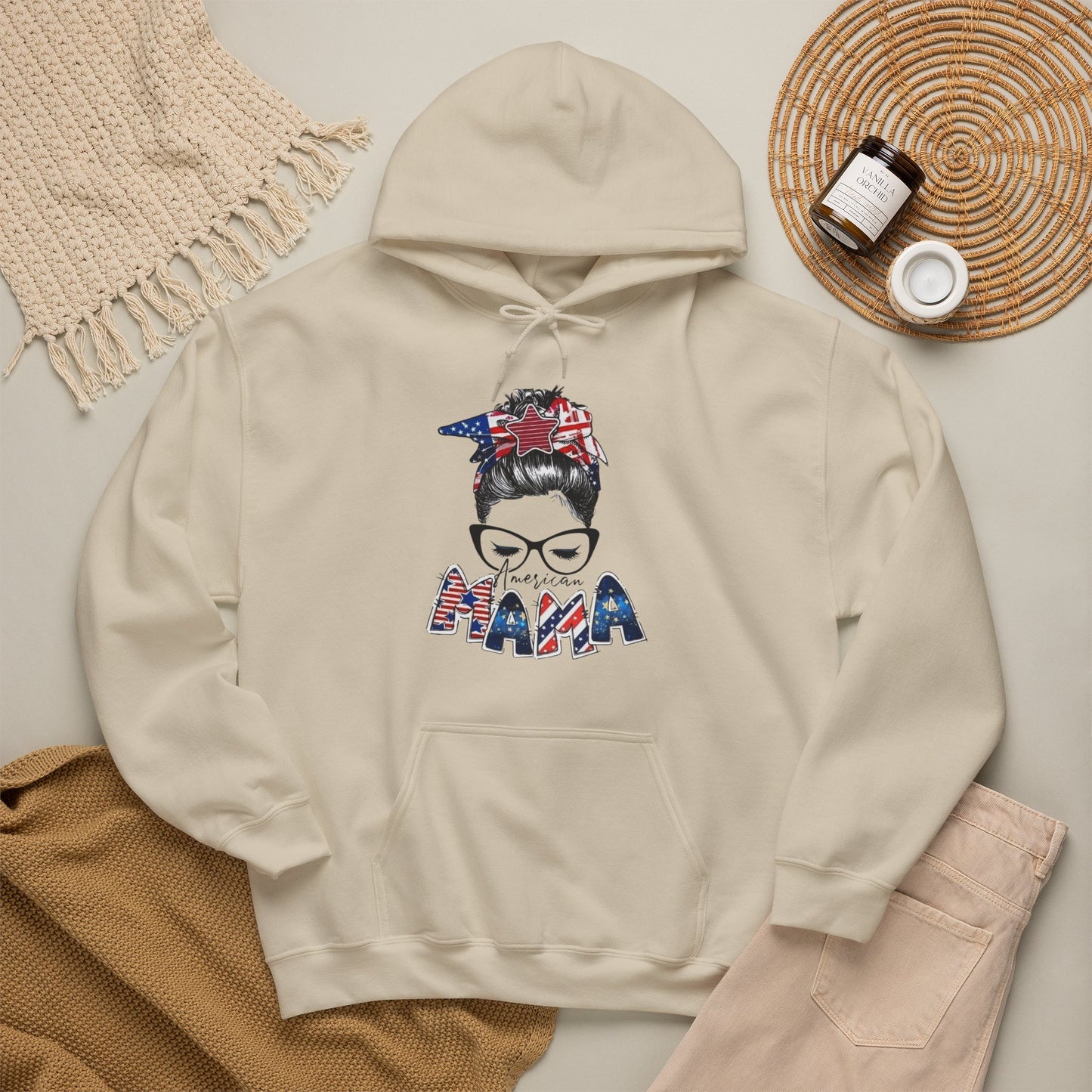 #250 Mama USA Flag Messy Bun Hoodie
