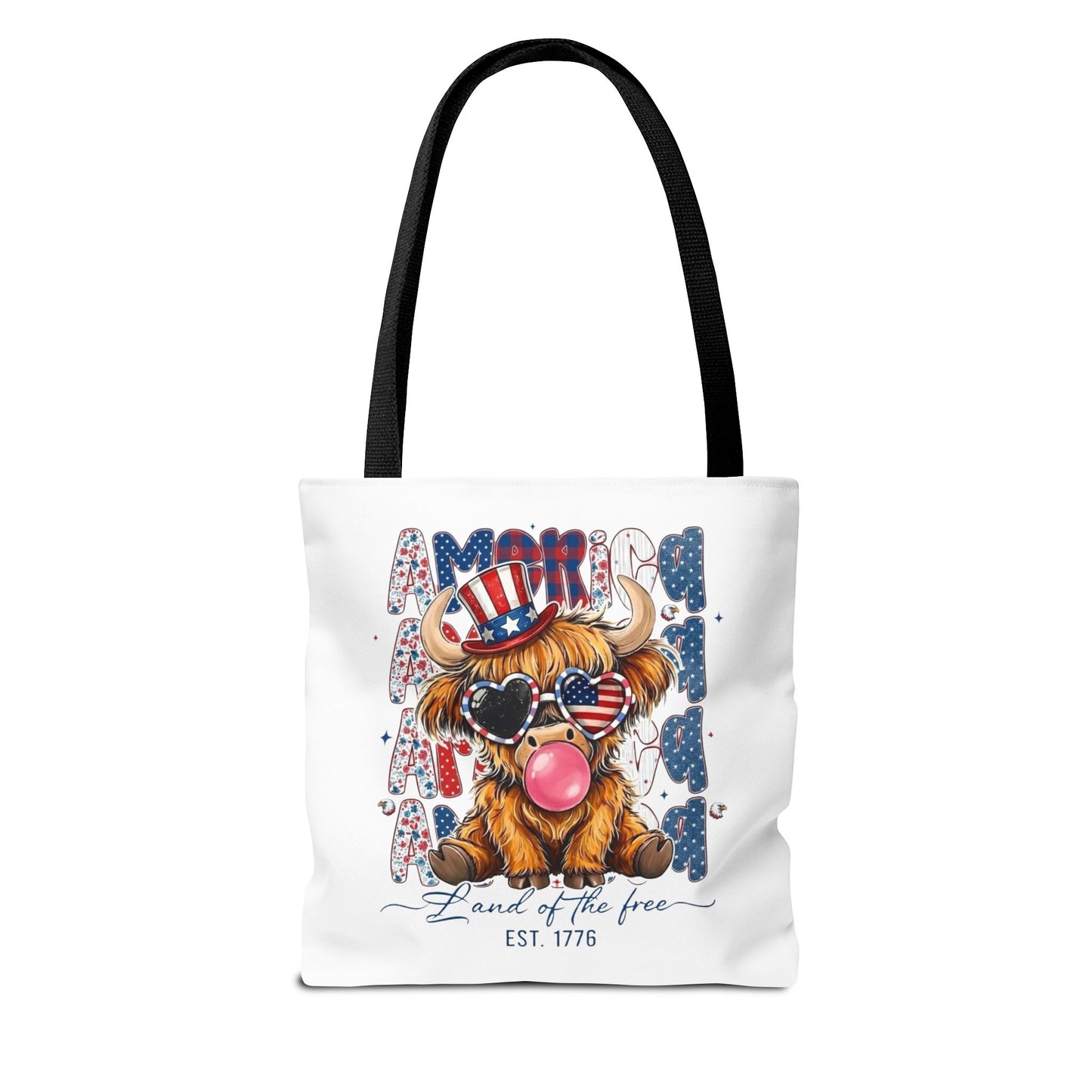 #250 American Flag Bubblegum Patriotic Highland Cow Tote Bag