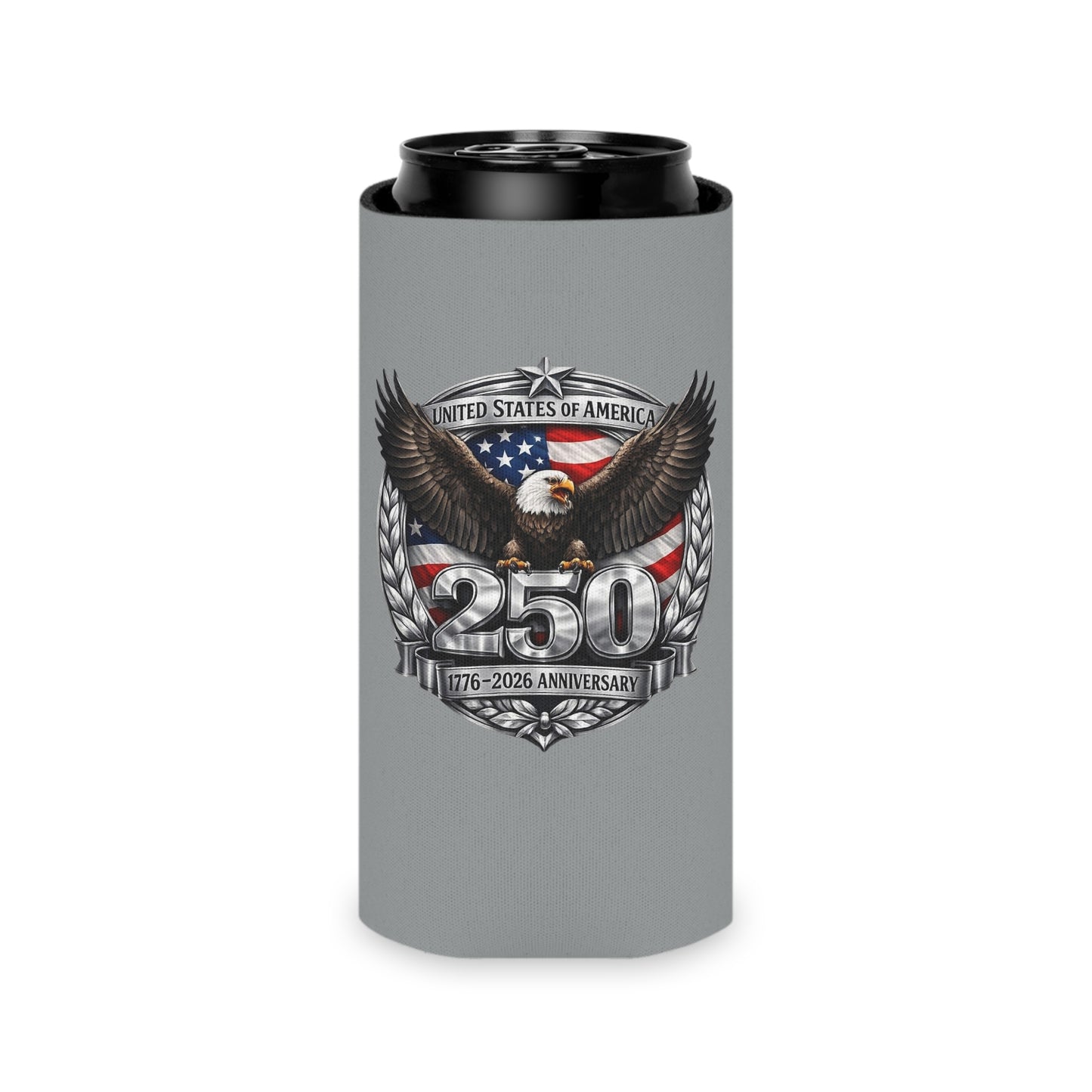#250 Patriotic Bald Eagle 250 United States Emblem Can Cooler - Beverage Koozie