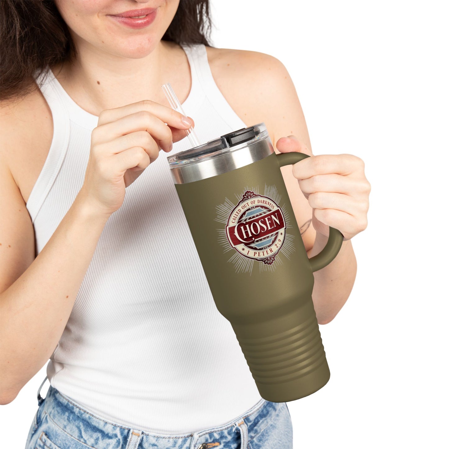 Chosen 40oz Insulated Travel Mug – "Called Out of Darkness" Faith Tumbler with Handle, Vacuum-Sealed