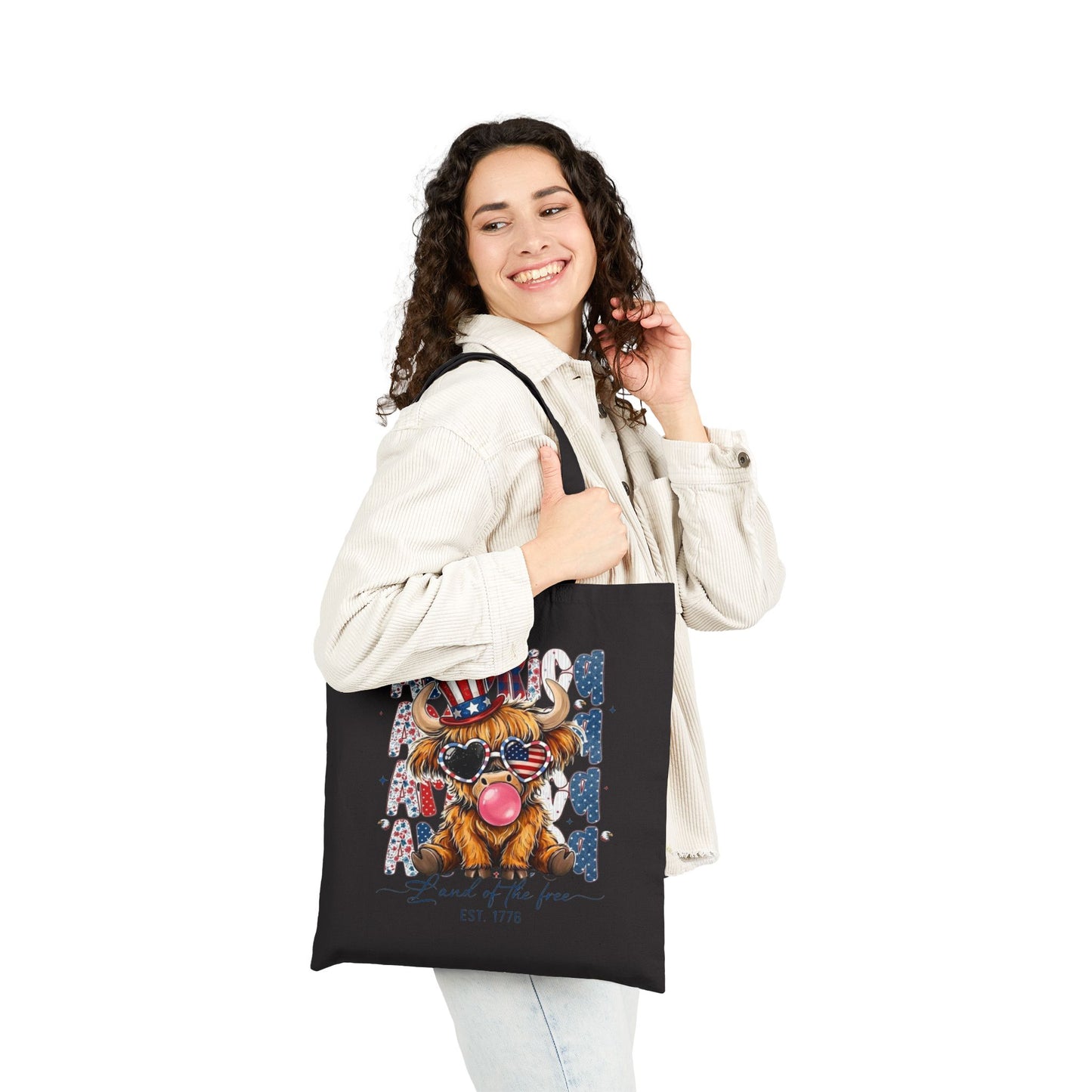 #250 American Flag Bubblegum Patriotic Highland Cow Canvas Tote Bag
