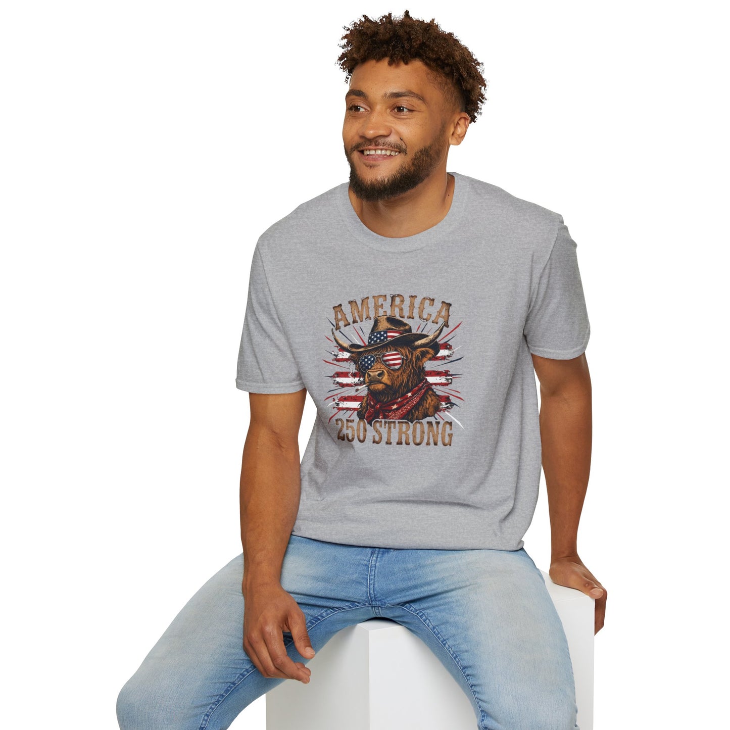 #250 America 250 Strong Patriotic Bull with American Flag T-Shirt