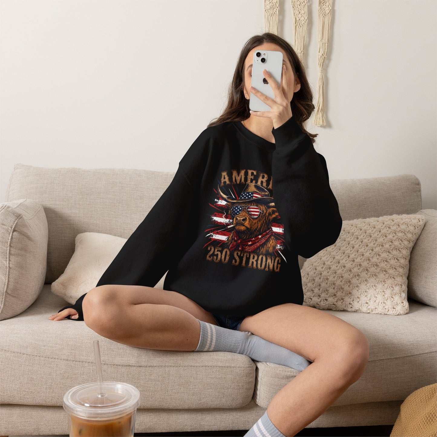 #250 America 250 Strong Patriotic Bull with American Flag Sweatshirt