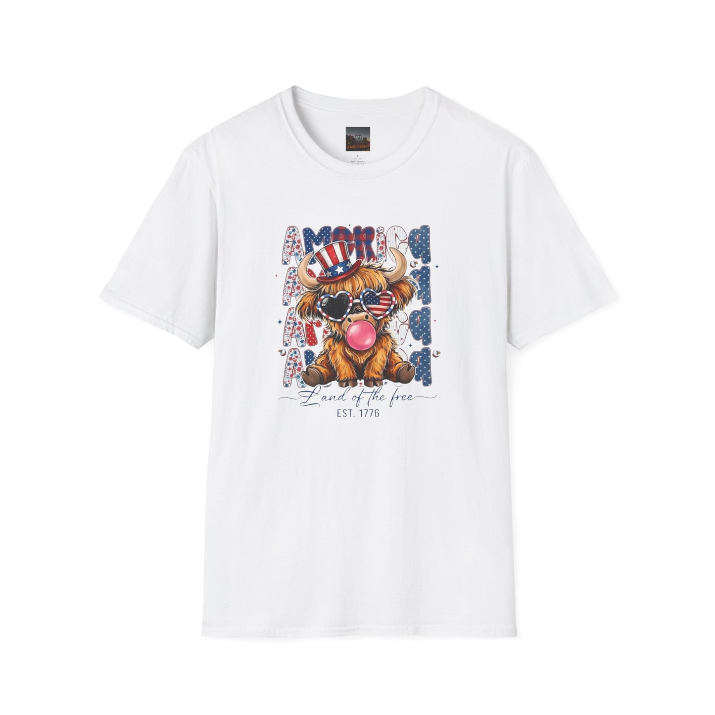 #250 American Flag Bubblegum Patriotic Highland Cow T-Shirt