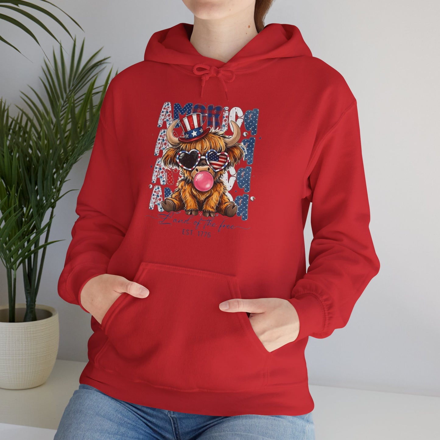 #250 American Flag Bubblegum Patriotic Highland Cow Hoodie