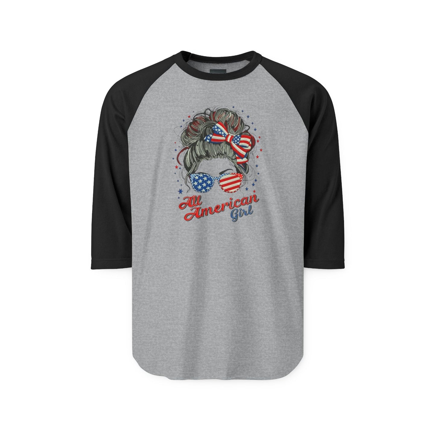 #250 "All American Girl" Patriotic Messy Bun Raglan 3/4 Sleeve Baseball Tee