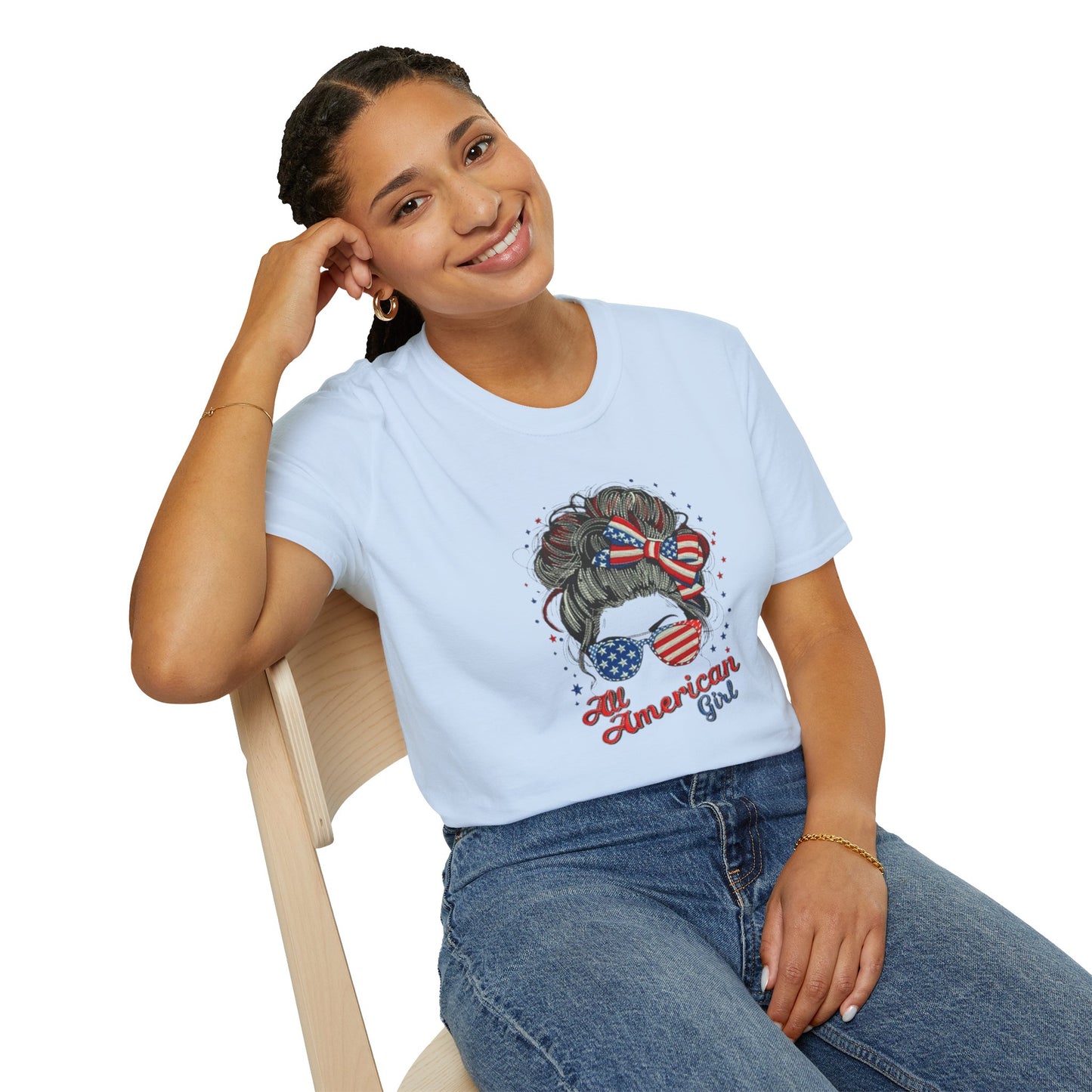 #250 "All American Girl" Patriotic Messy Bun T-Shirt