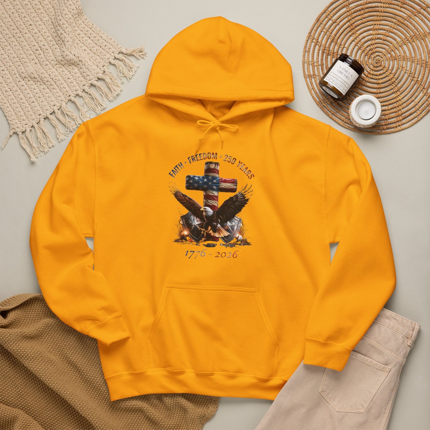 #250 Faith • Freedom 250 Years American Flag Cross & Eagle 1776-2026 Hoodie