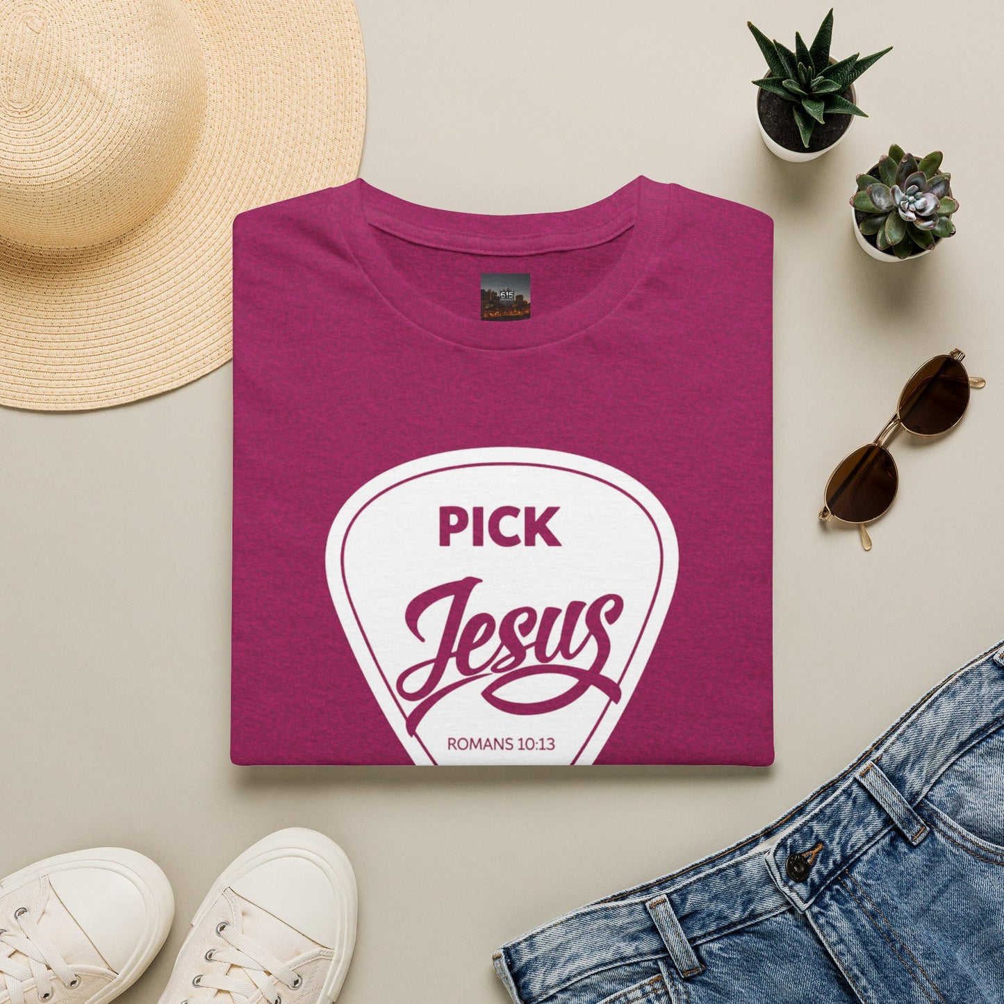 Pick Jesus T-Shirt — Christian Guitar Pick Design (Romans 10:13)
