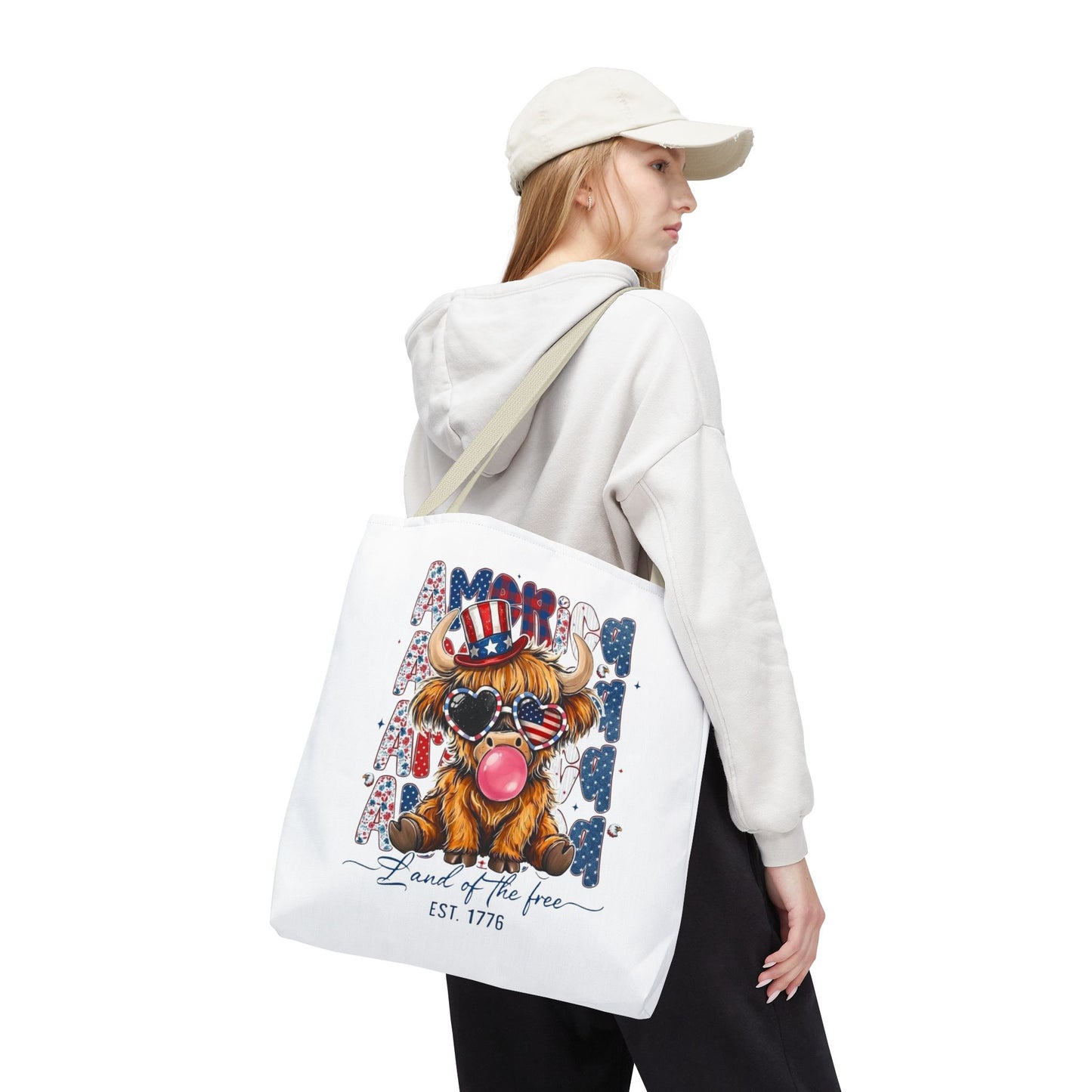 #250 American Flag Bubblegum Patriotic Highland Cow Tote Bag