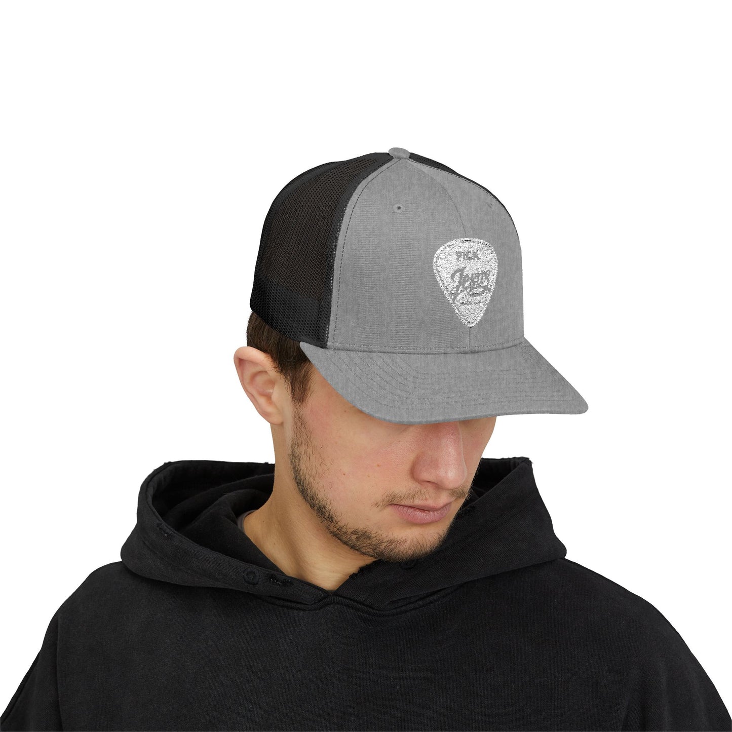 Pick Jesus Guitar Pick Snapback Trucker Cap Christian Guitar Pick Design (Romans 10:13)