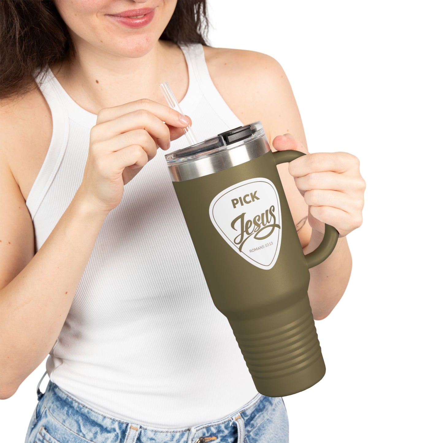 Pick Jesus Guitar Pick 40oz Christian Guitar Pick Design (Romans 10:13) Insulated Travel Mug