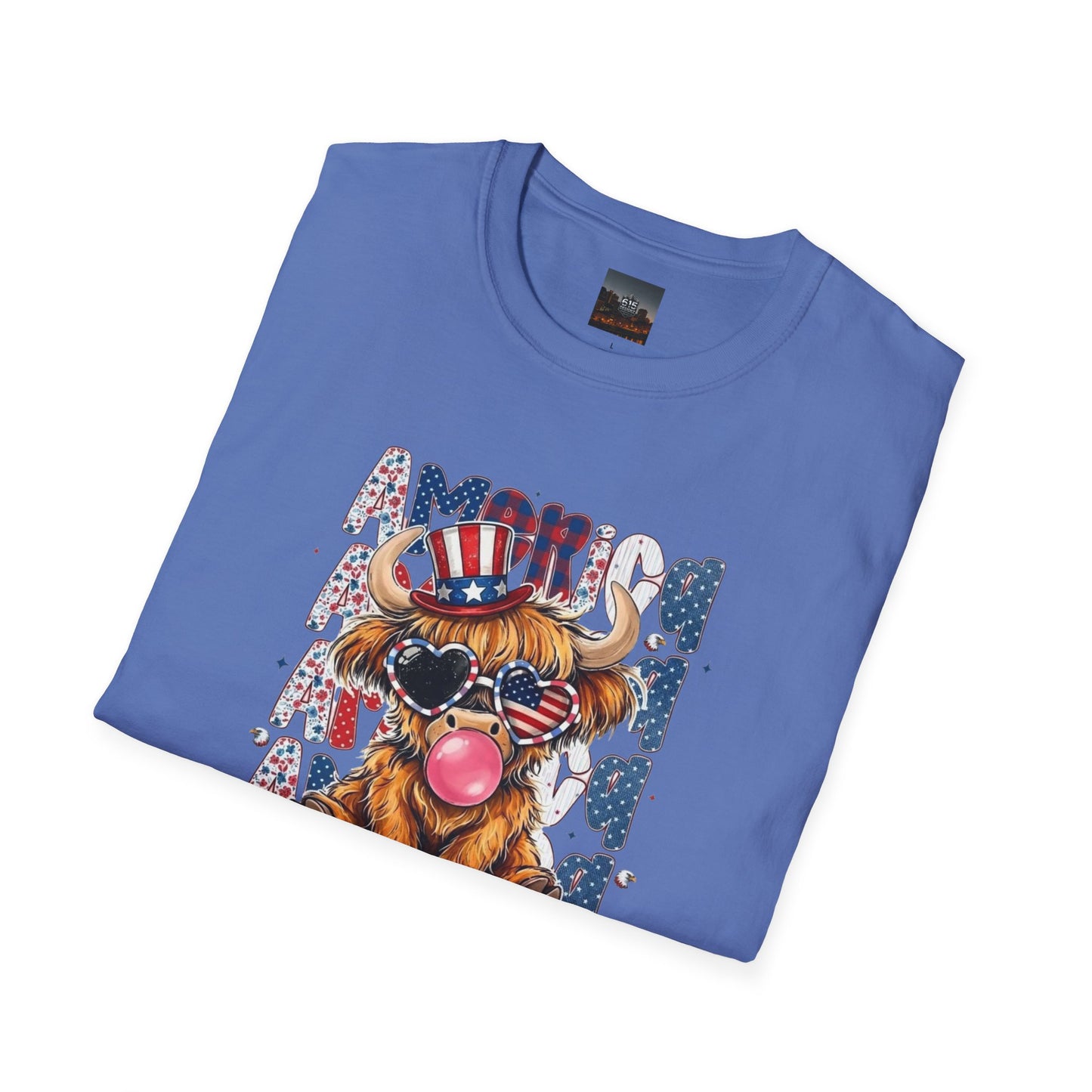 #250 American Flag Bubblegum Patriotic Highland Cow T-Shirt
