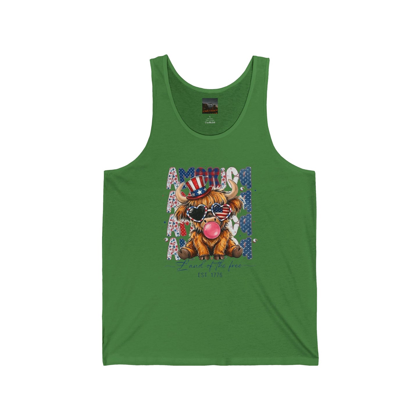#250 American Flag Bubblegum Patriotic Highland Cow Tank Top