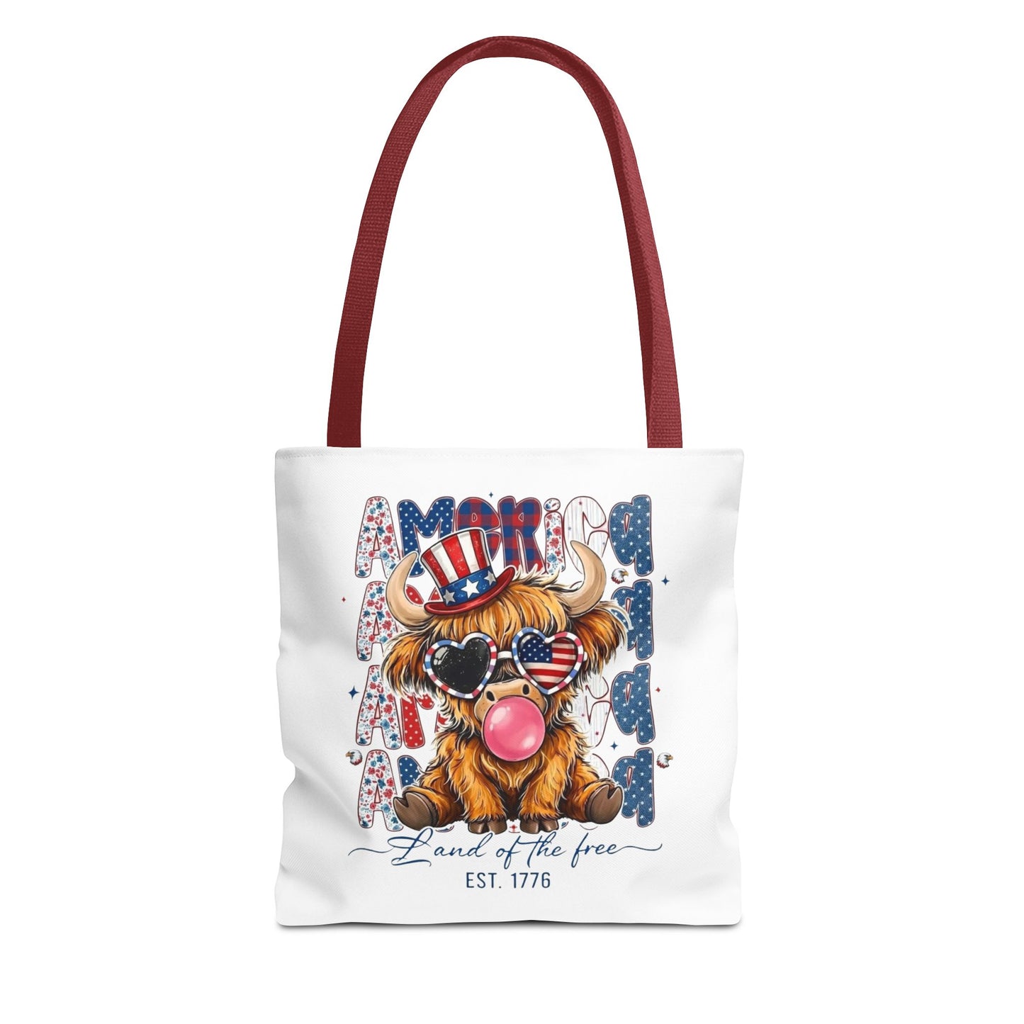 #250 American Flag Bubblegum Patriotic Highland Cow Tote Bag