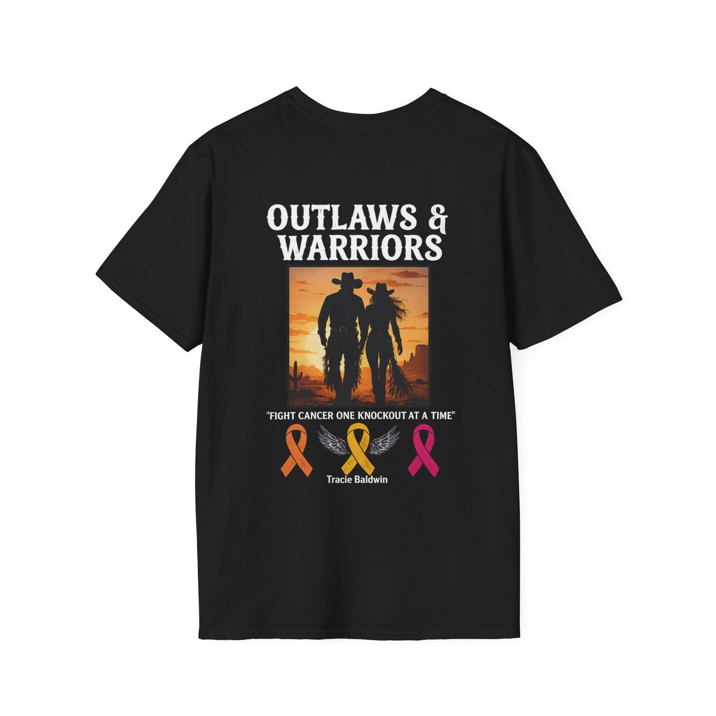 Outlaws & Warriors 100% Cotton SoftStyle T-Shirt — Minimal Chest Logo with Graphic On Back