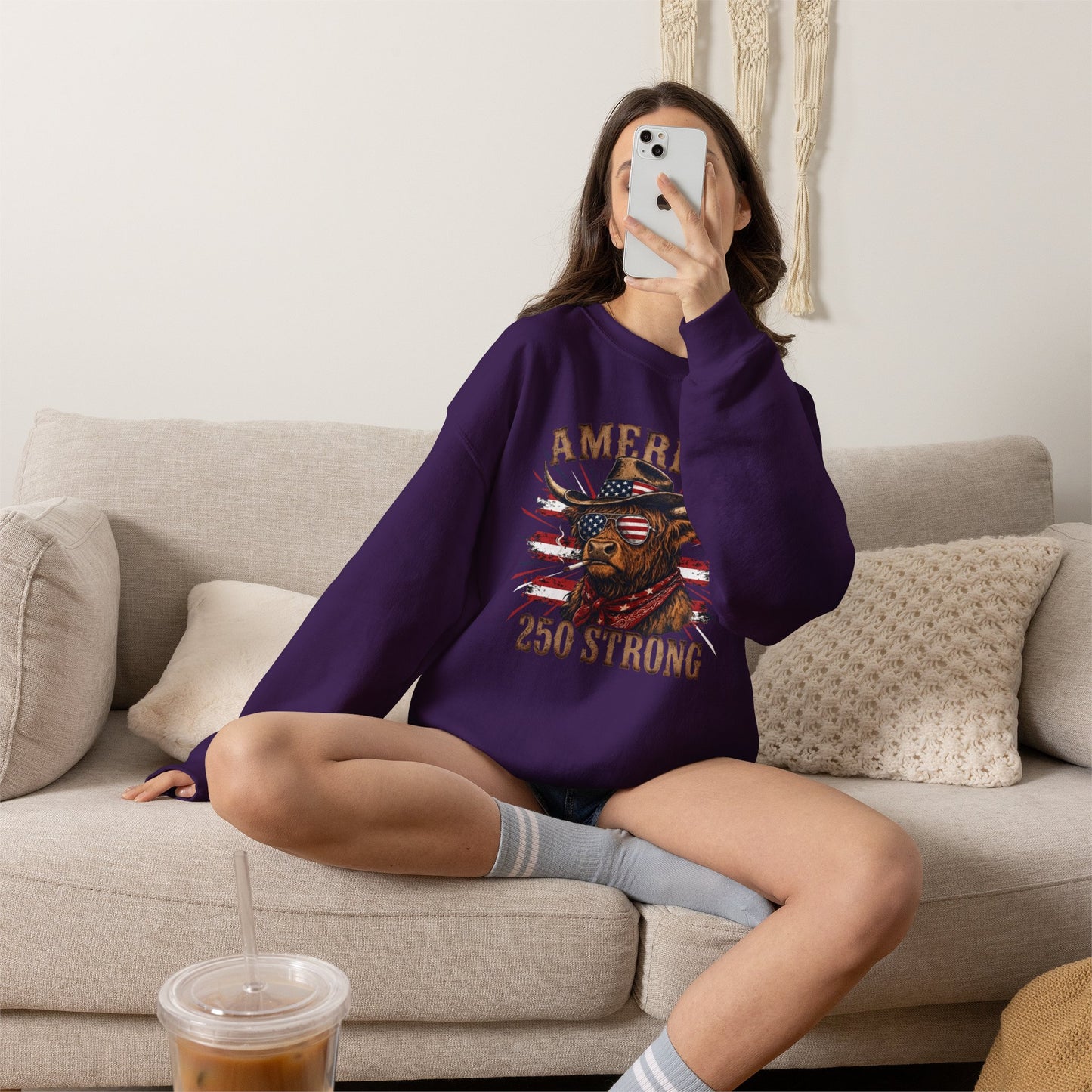 #250 America 250 Strong Patriotic Bull with American Flag Sweatshirt