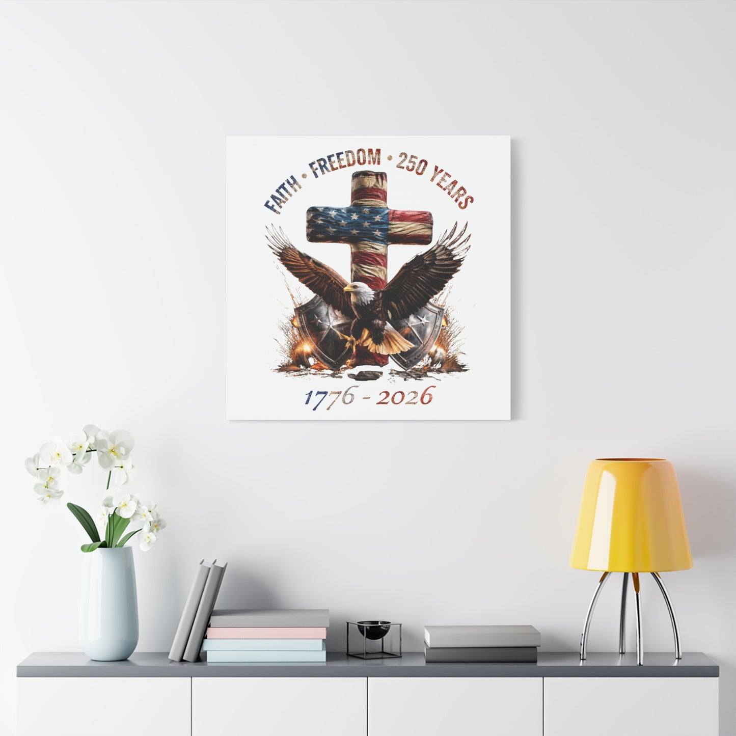 #250 Faith • Freedom 250 Years American Flag Cross & Eagle 1776-2026 Matte Canvas Wall Art