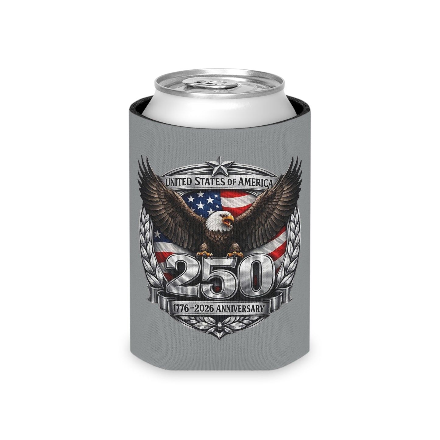 #250 Patriotic Bald Eagle 250 United States Emblem Can Cooler - Beverage Koozie