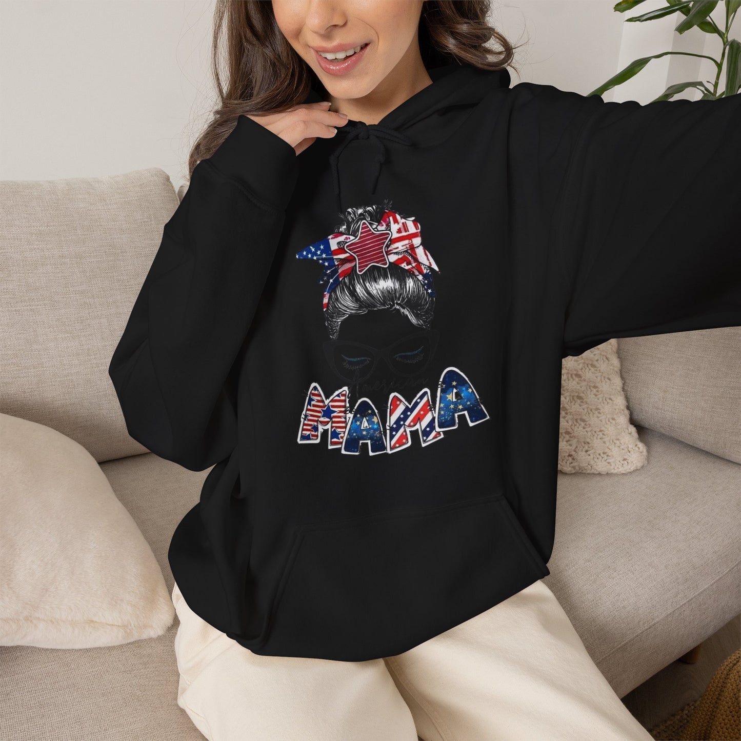 #250 Mama USA Flag Messy Bun Hoodie