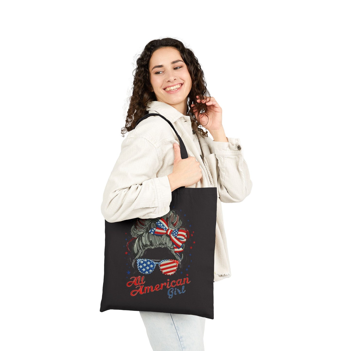 #250 "All American Girl" Patriotic Messy Bun Canvas Tote Bag