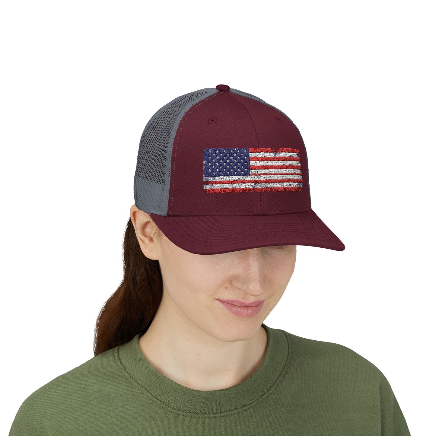 #250 Distressed American Flag Snapback Trucker Cap