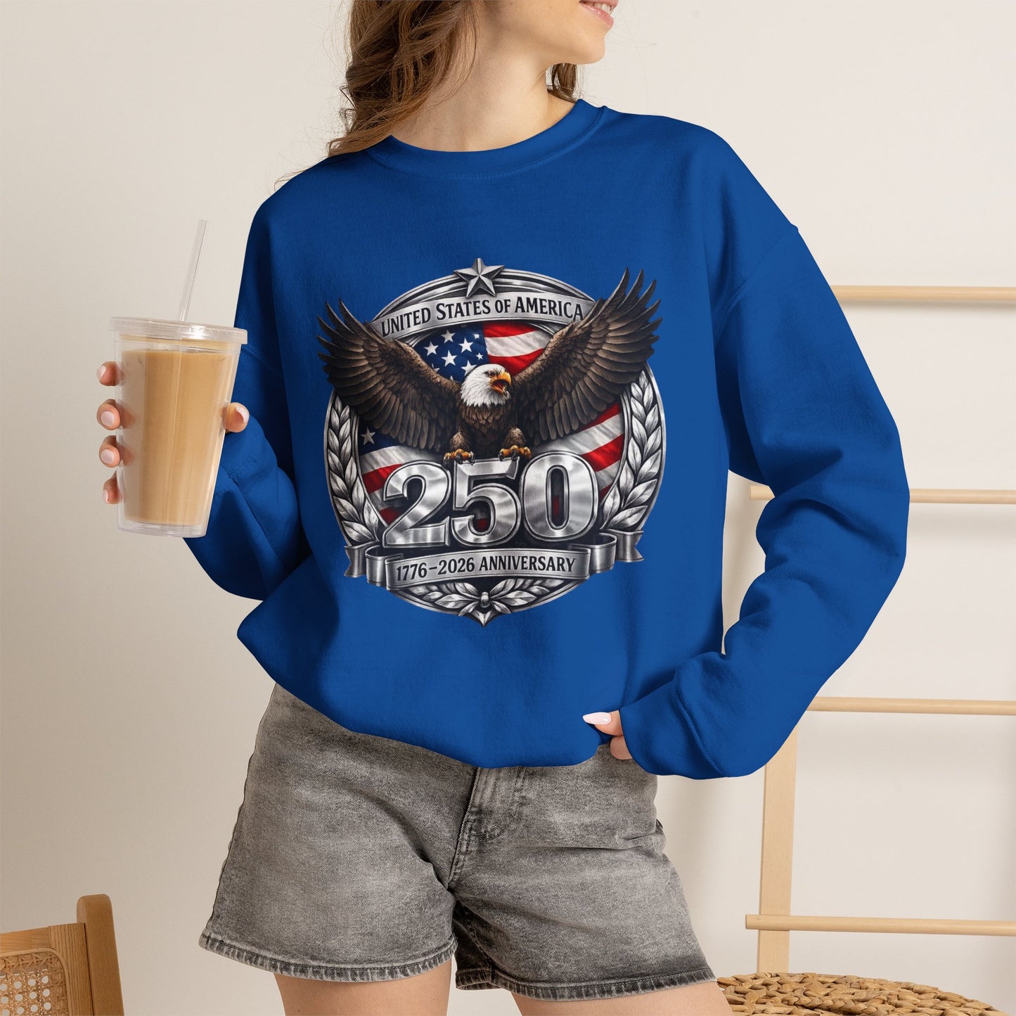 #250 Patriotic Bald Eagle 250 United States Emblem Crewneck Sweatshirt