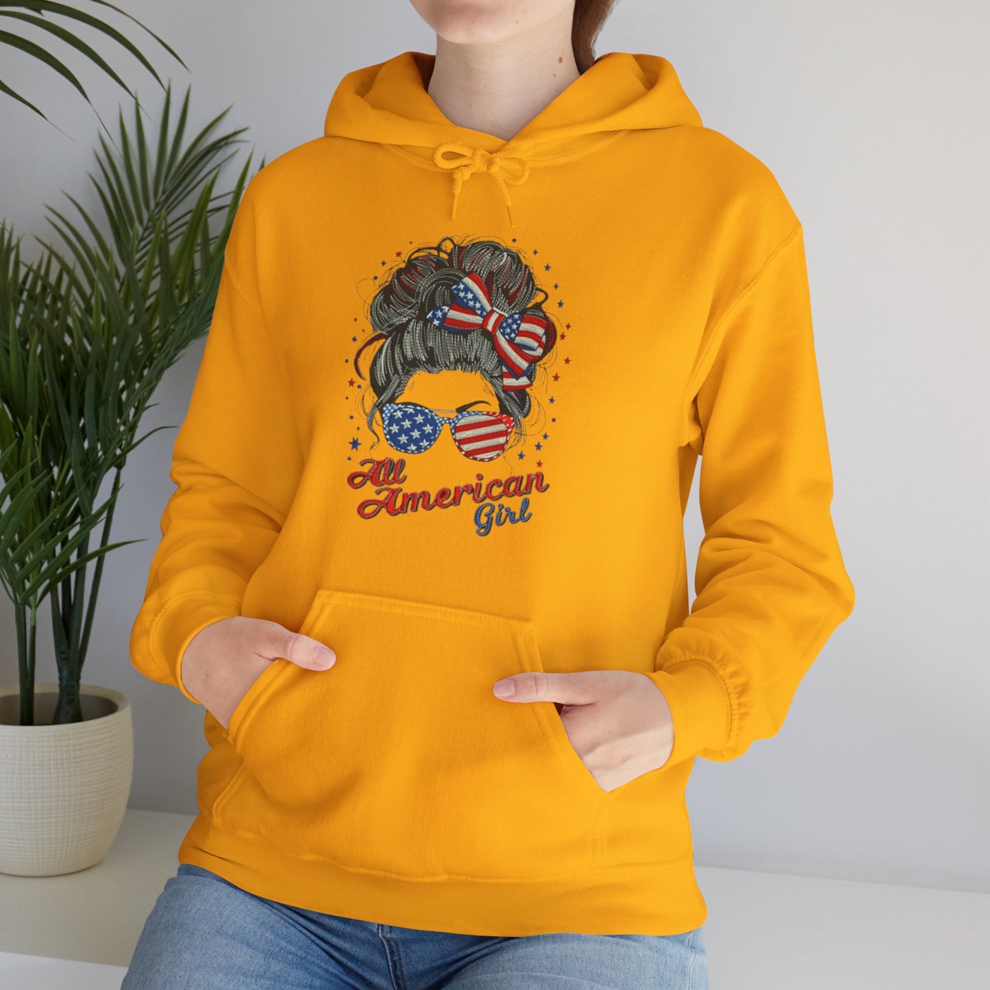#250 "All American Girl" Patriotic Messy Bun Hoodie