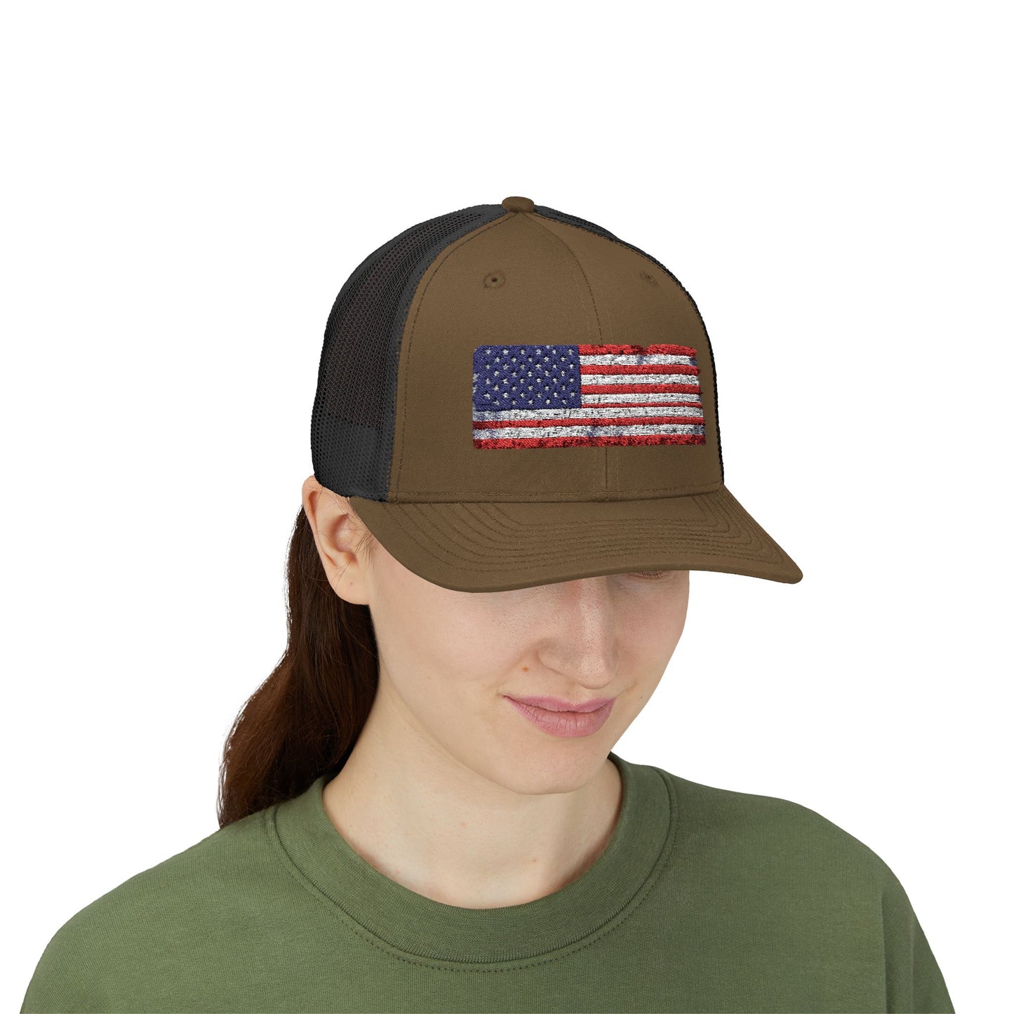 #250 Distressed American Flag Snapback Trucker Cap