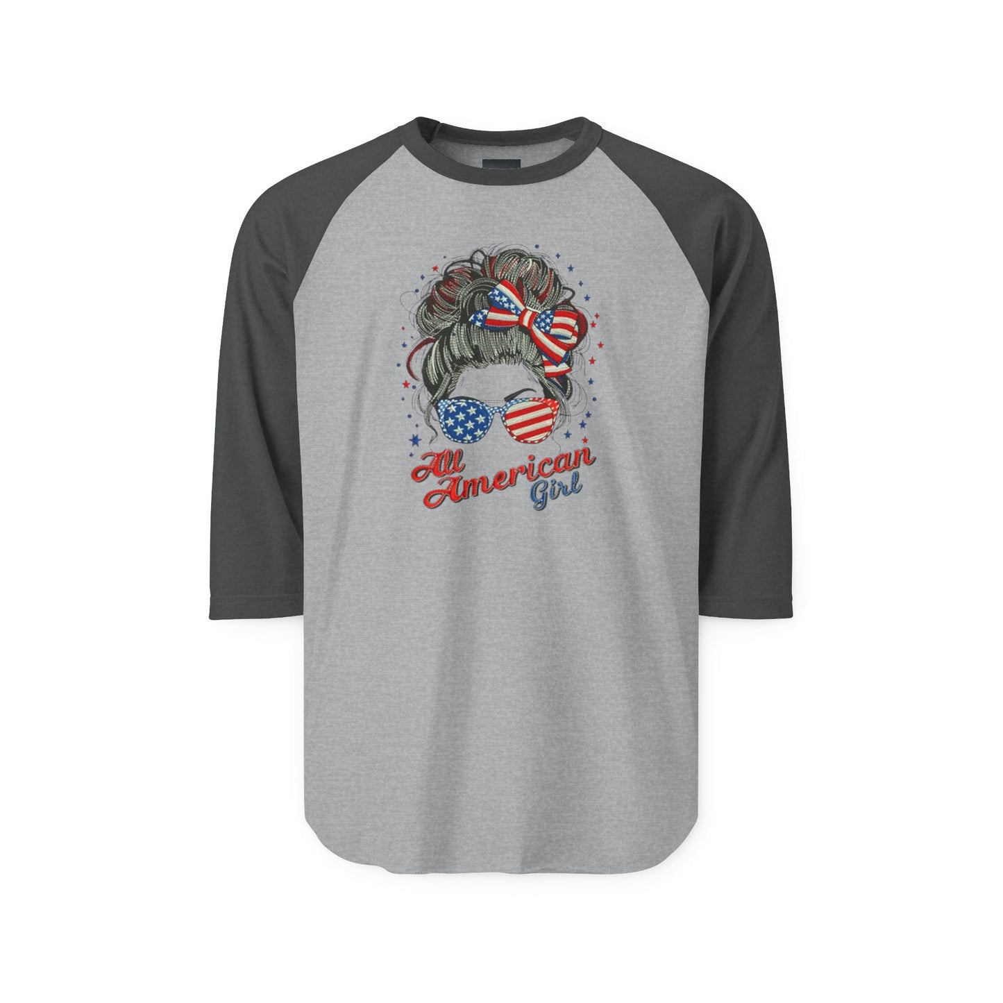#250 "All American Girl" Patriotic Messy Bun Raglan 3/4 Sleeve Baseball Tee