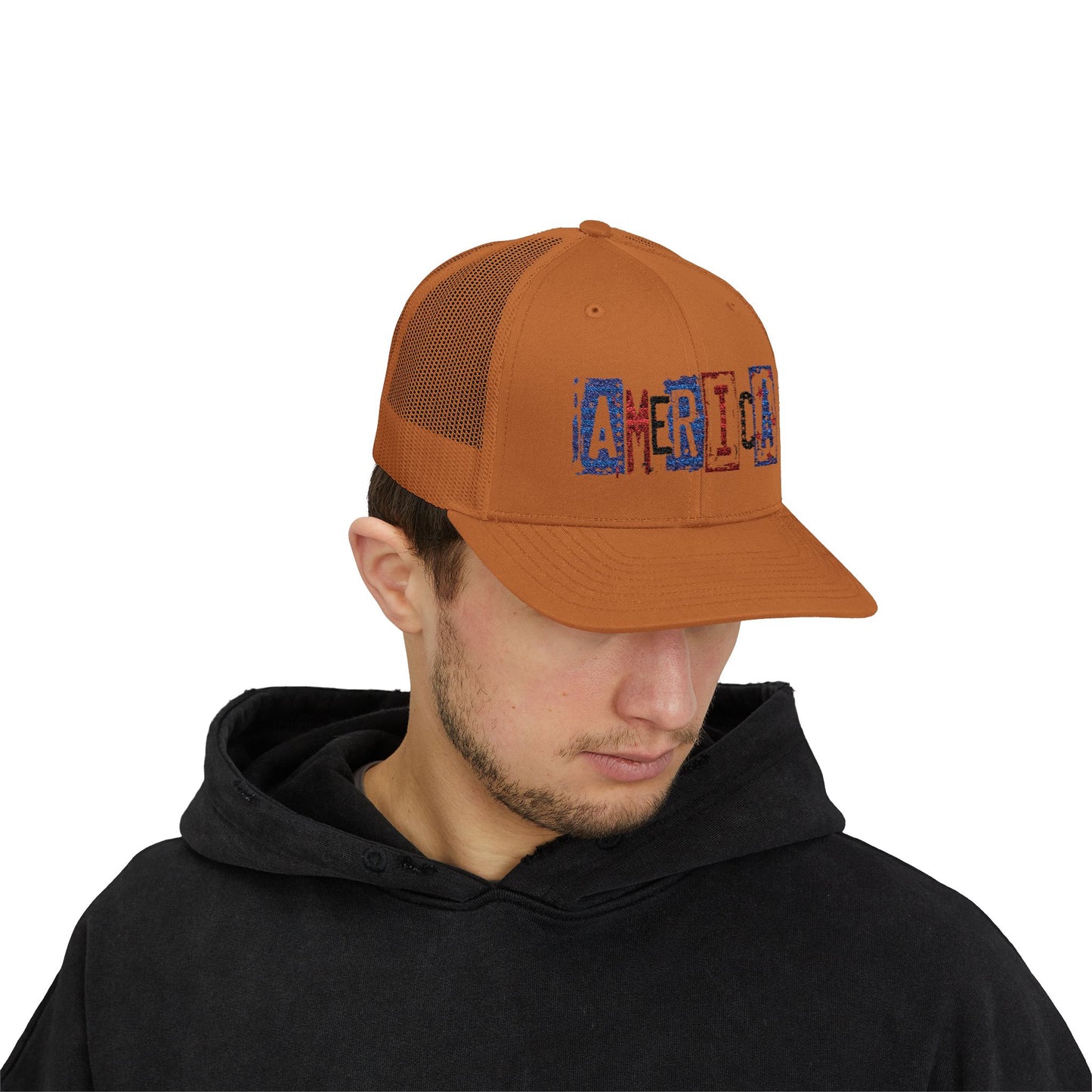 #250 America Retro Block Text Patriotic Snapback Trucker Cap