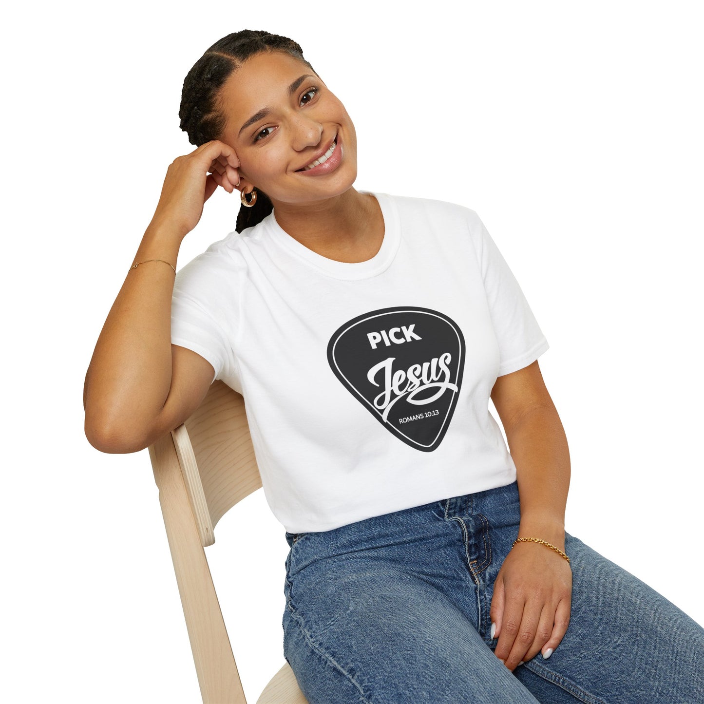 Pick Jesus T-Shirt — Christian Guitar Pick Design (Romans 10:13)
