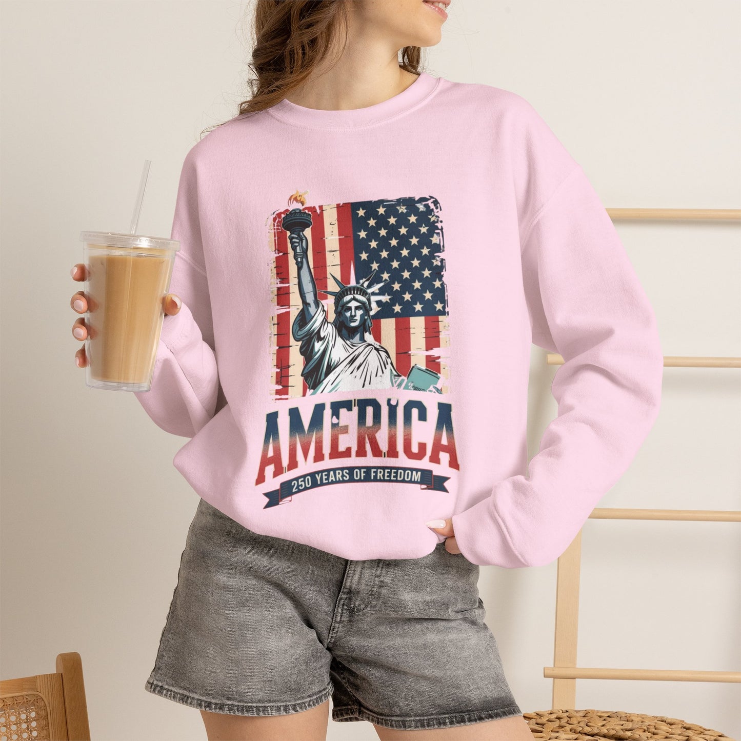 #250 Statue of Liberty American Flag 'America' Patriotic Independence Day Crewneck Sweatshirt