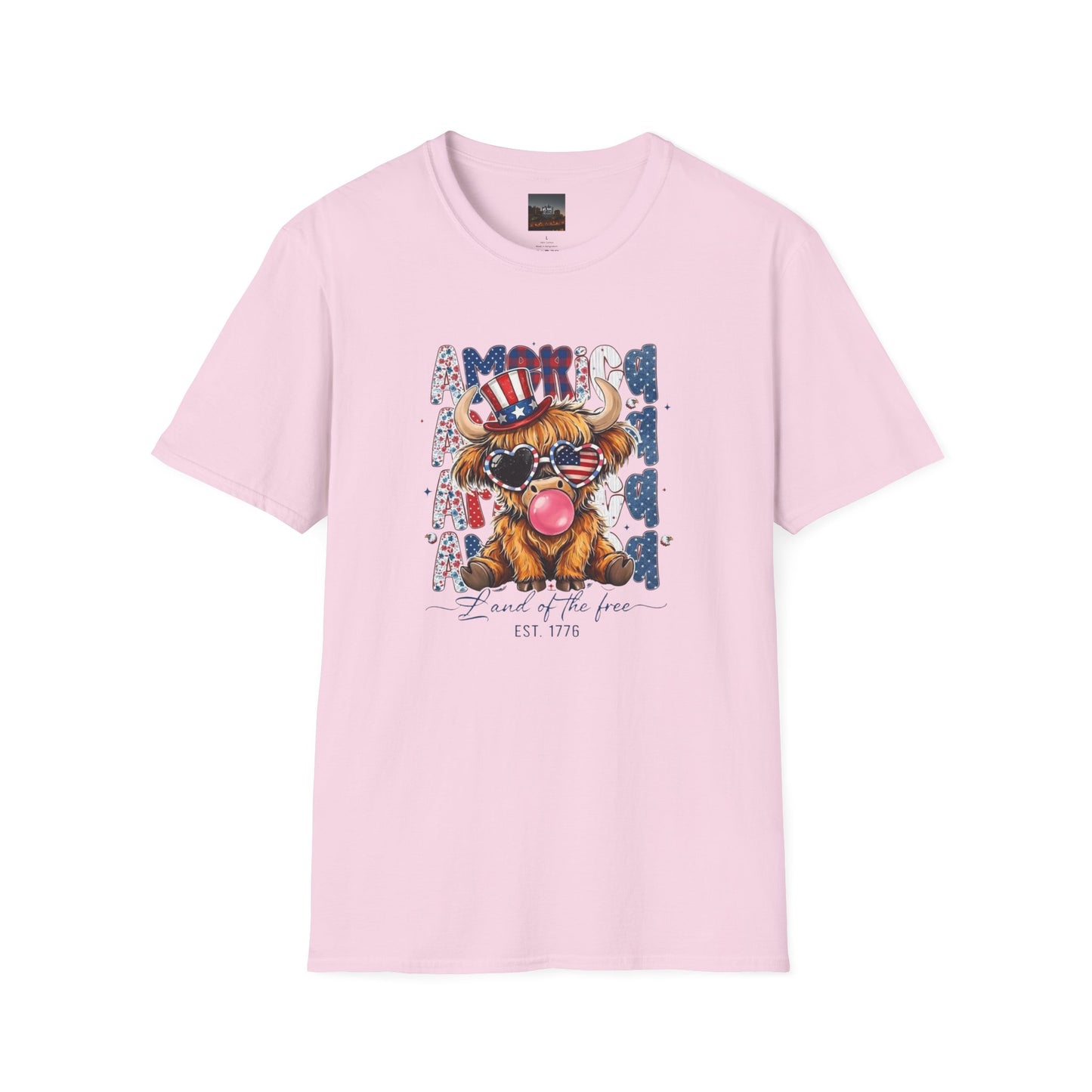 #250 American Flag Bubblegum Patriotic Highland Cow T-Shirt