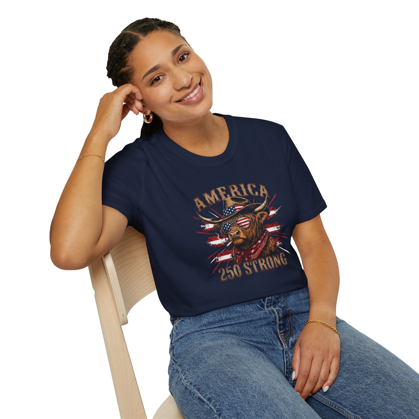 #250 America 250 Strong Patriotic Bull with American Flag T-Shirt