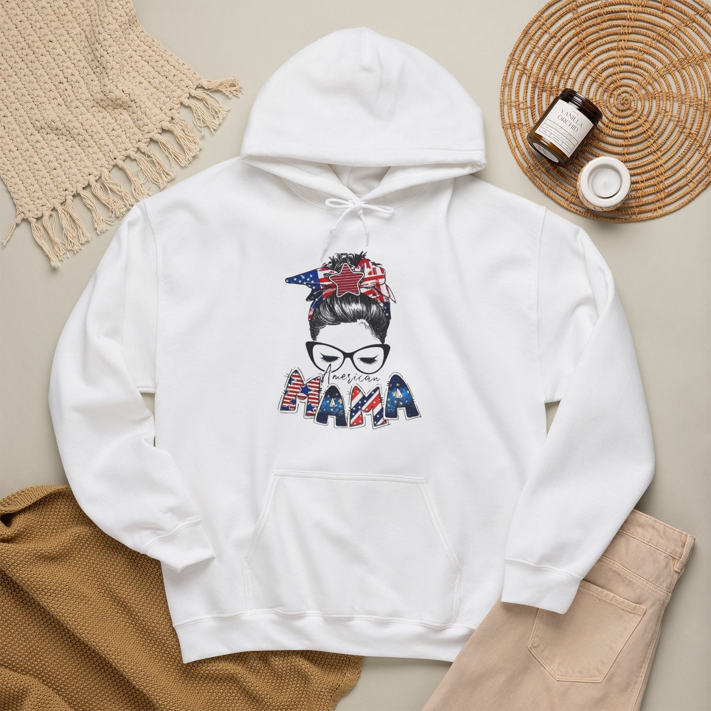 #250 Mama USA Flag Messy Bun Hoodie