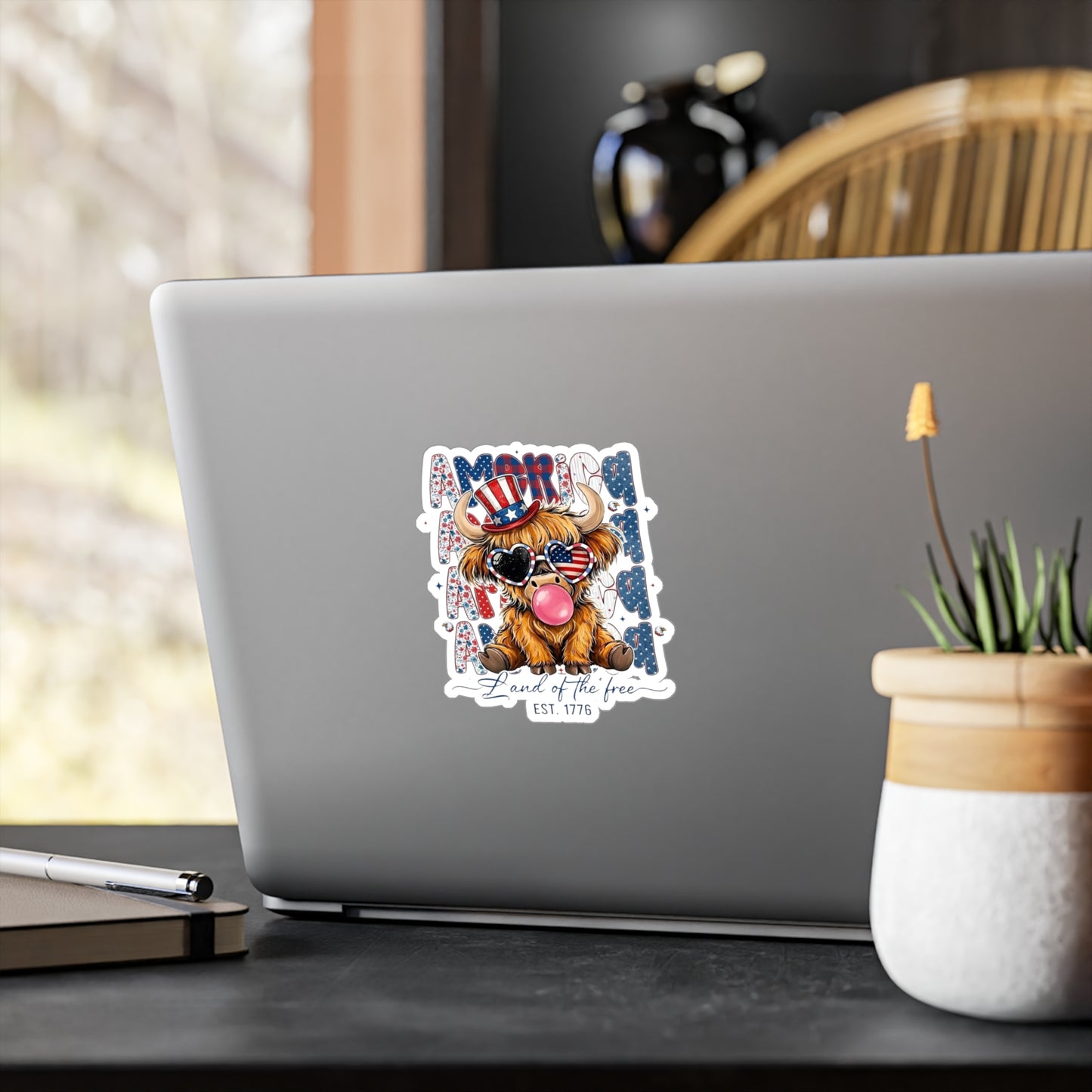 #250 American Flag Bubblegum Patriotic Highland Cow Vinyl Sticker Kiss-Cut Decal (Fourth of July)