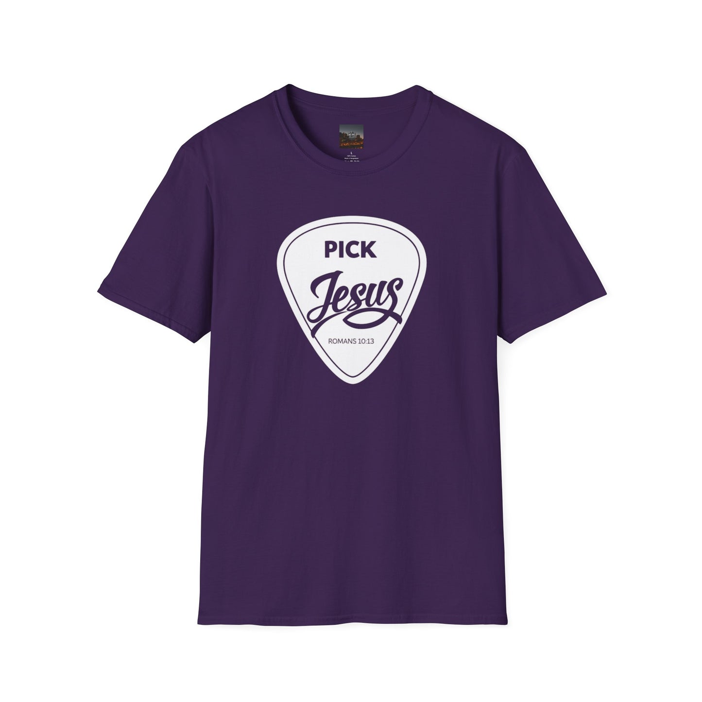 Pick Jesus T-Shirt — Christian Guitar Pick Design (Romans 10:13)