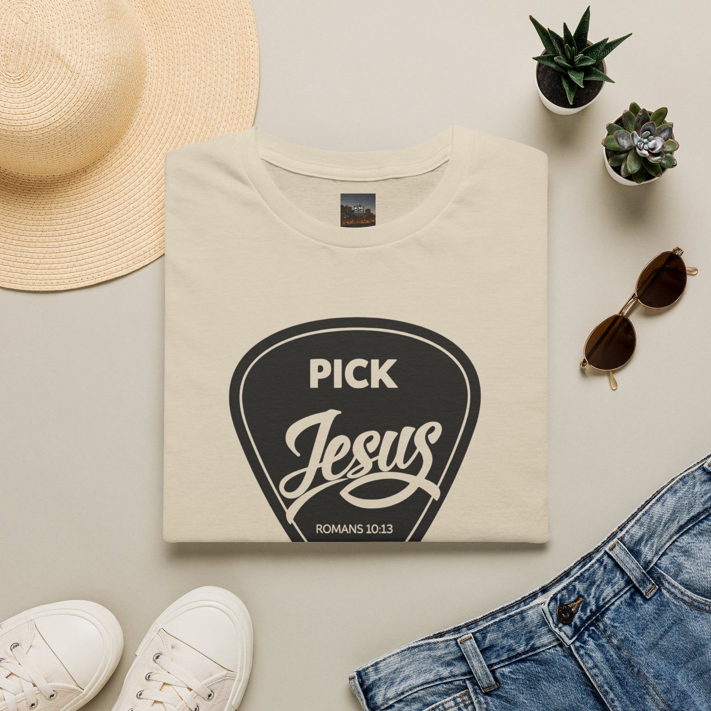 Pick Jesus T-Shirt — Christian Guitar Pick Design (Romans 10:13)