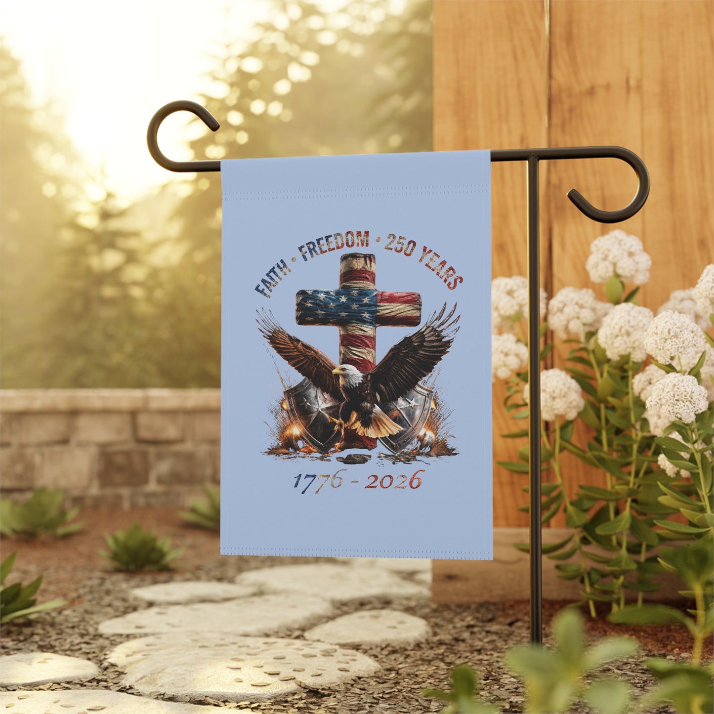 #250 Faith • Freedom 250 Years American Flag Cross & Eagle 1776-2026 Garden Flag — House Banner